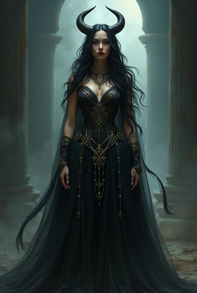 Beautiful adult woman with black hair and amber eyes with perfect curvy anatomy, Black Ancient Greek Outfit in Anime Style 