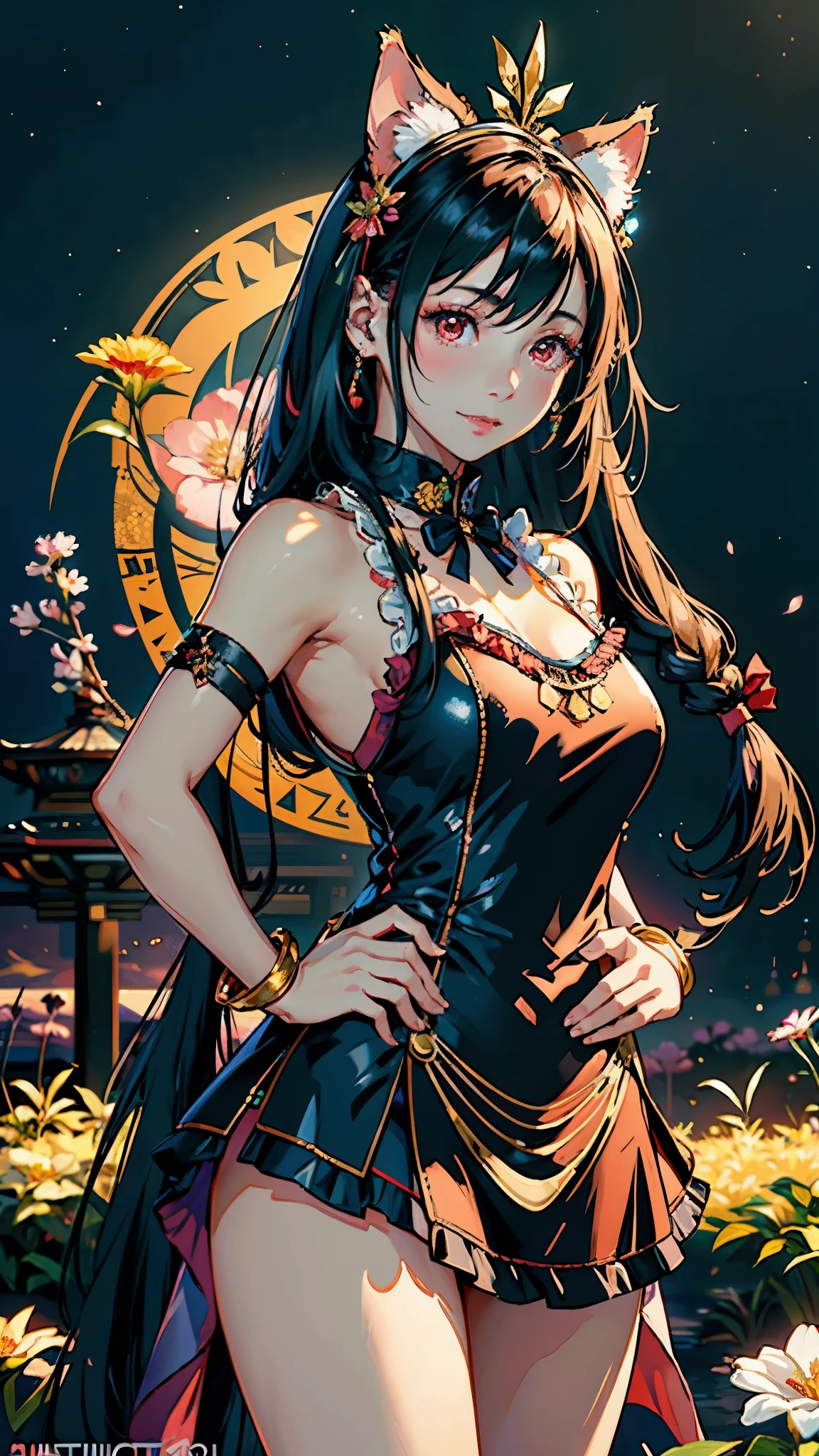 (highest quality, masterpiece, High resolution)、(anime art)、bright light、brown eyes、(Cat ear)、long hair、hair ornaments、choker、Cute face details、enchanting smile、small breasts、whole body、((sakura tropical background))、 black red dress outfit,  black red outfits(best quality,4k,8k,highres,masterpiece:1.2),ultra-detailed,(realistic,photorealistic,photo-realistic:1.37),acrylic painting,beautiful Indonesian model in a Lolita dress with downy hair,beautiful Indonesian model with extremely colorful hair and detailed facial features,beautiful Indonesian model standing in a beautiful garden surrounded by a starry sky,beautiful Indonesian model wearing a vibrant Lolita dress,beautiful Indonesian model with intricate accessories and a matching hat,beautiful Indonesian model posing gracefully with her hands on her hips,beautiful Indonesian model with long flowing twintails,beautiful bright brown eyes and rosy lips,beautiful Indonesian model with a joyful expression,beautiful Indonesian model in a dynamic pose with cherry blossoms falling around her,beautiful Indonesian model surrounded by colorful flowers and butterflies,beautiful Indonesian model's dress adorned with cute bows and lace details,beautiful Indonesian model with an enchanting smile,beautiful Indonesian model with soft, pastel-colored shading,beautiful Indonesian model with a magical glow illuminating her,beautiful Indonesian model in a picturesque setting with a winding path leading to a magnificent castle,beautiful Indonesian model holding a microphone and singing passionately,beautiful Indonesian model with a fairytale-like background,beautiful Indonesian model with a soft, dreamy atmosphere,beautiful Indonesian model with a subtle bokeh effect,beautiful Indonesian model standing under a moonlit sky,beautiful Indonesian model with a warm, golden sunset in the background,beautiful Indonesian model surrounded by twinkling stars and colorful nebulae,creating an ethereal and captivating artistic