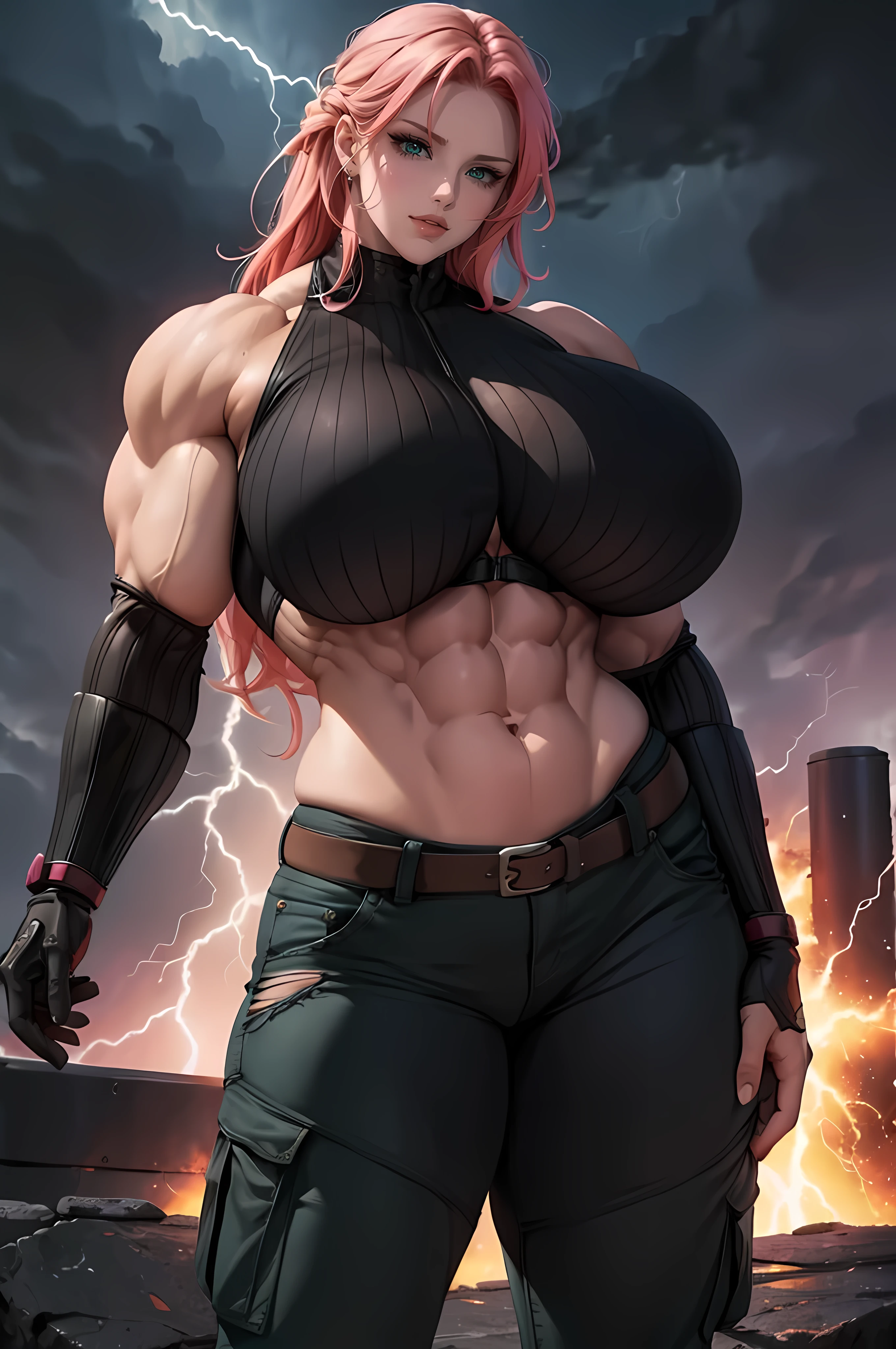 (best quality,highres),1woman,(((woman))),((((MASSIVE FEMALE BODYBUILDER:1.2)))),(no panties or bra under the clothes:1.4),(ripped cargo pants:1.4), (((narrow waist:1.5))), sexy military uniform,((gauntlets:1.2)),military boots,(((HUGE breasts:1.5))),ultra-detailed,physically-based rendering,vivid colors,sharp focus,portrait,studio lighting,reddish color tones,warm lighting,(best quality,4k,highres,masterpiece:1.2),goddess of thunder,lightning powers,electric energy,hands glowing with lightning,electric sparks,stormy atmosphere,dark clouds,ominous sky,striking visuals,impressive details,thunderbolts,electrifying presence,vibrant colors,electrifying beauty,divine power,energetic aura,commanding presence,dynamic composition,majestic posture,flowing hair,captivating eyes,ethereal essence,powerful expression,electric currents,electromagnetic energy,surrounded by lightning bolts,electricity crackling,awe-inspiring,unleashing thunder,dominating the storm,force of nature,electric storm,mythical deity,vivid portrayal