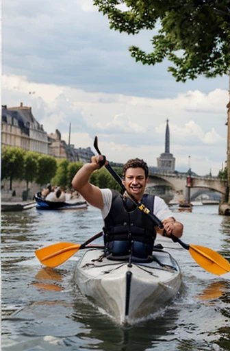 A highly realistic image of the Seine river in Paris on a sunny day. The water is a bright, clear blue, reflecting the sky above. In the foreground, French President Emmanuel Macron is seen standing at the riverbank, preparing to enter the water for a swim. He is wearing casual swimwear, and his expression is one of joy and relaxation. In the background, iconic Parisian landmarks like the Eiffel Tower and traditional Parisian buildings are visible along the riverbank. The sunlight creates shimmering reflections on the water, and there are a few gentle ripples caused by a light breeze. The overall atmosphere is calm and serene, capturing a unique and unexpected moment in Paris.