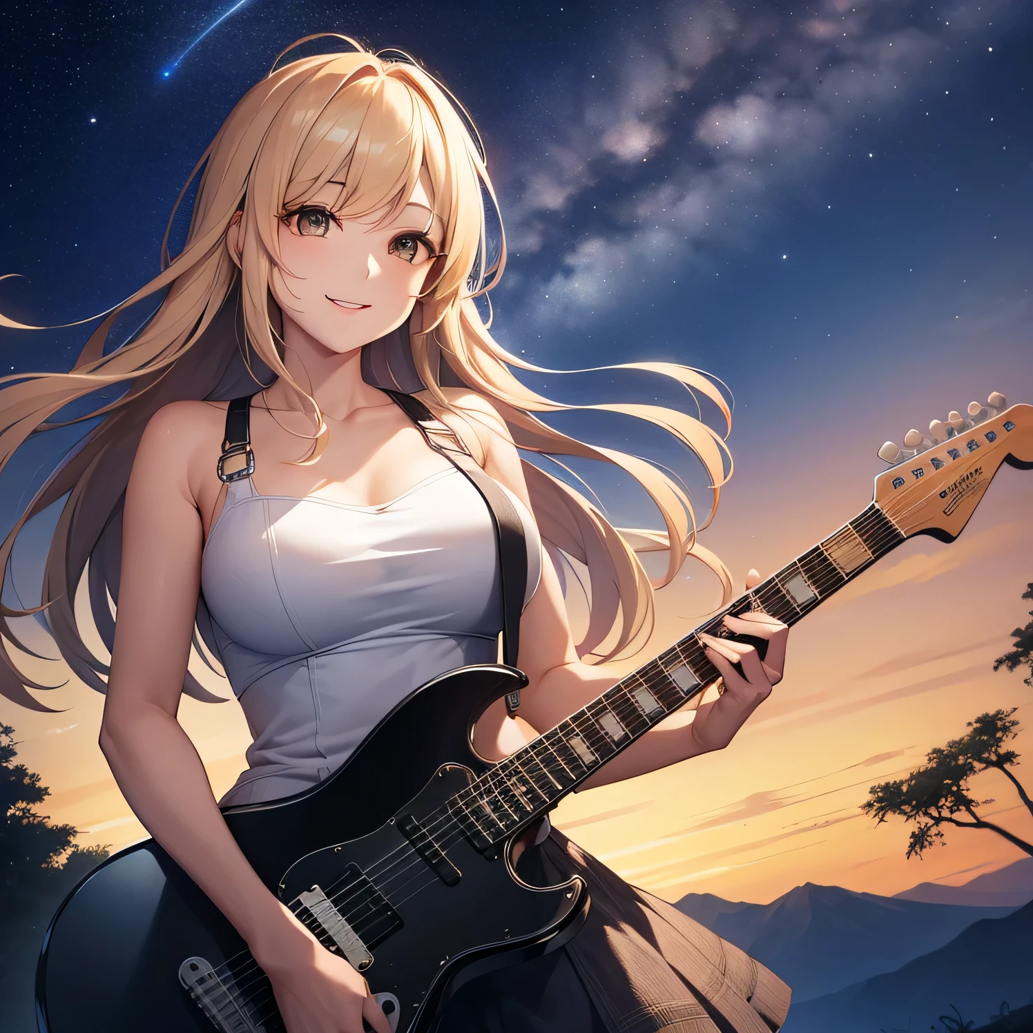1girl, brown eyes, blond long hair, massive , slim waist, black top, black jeans, play electric guitar