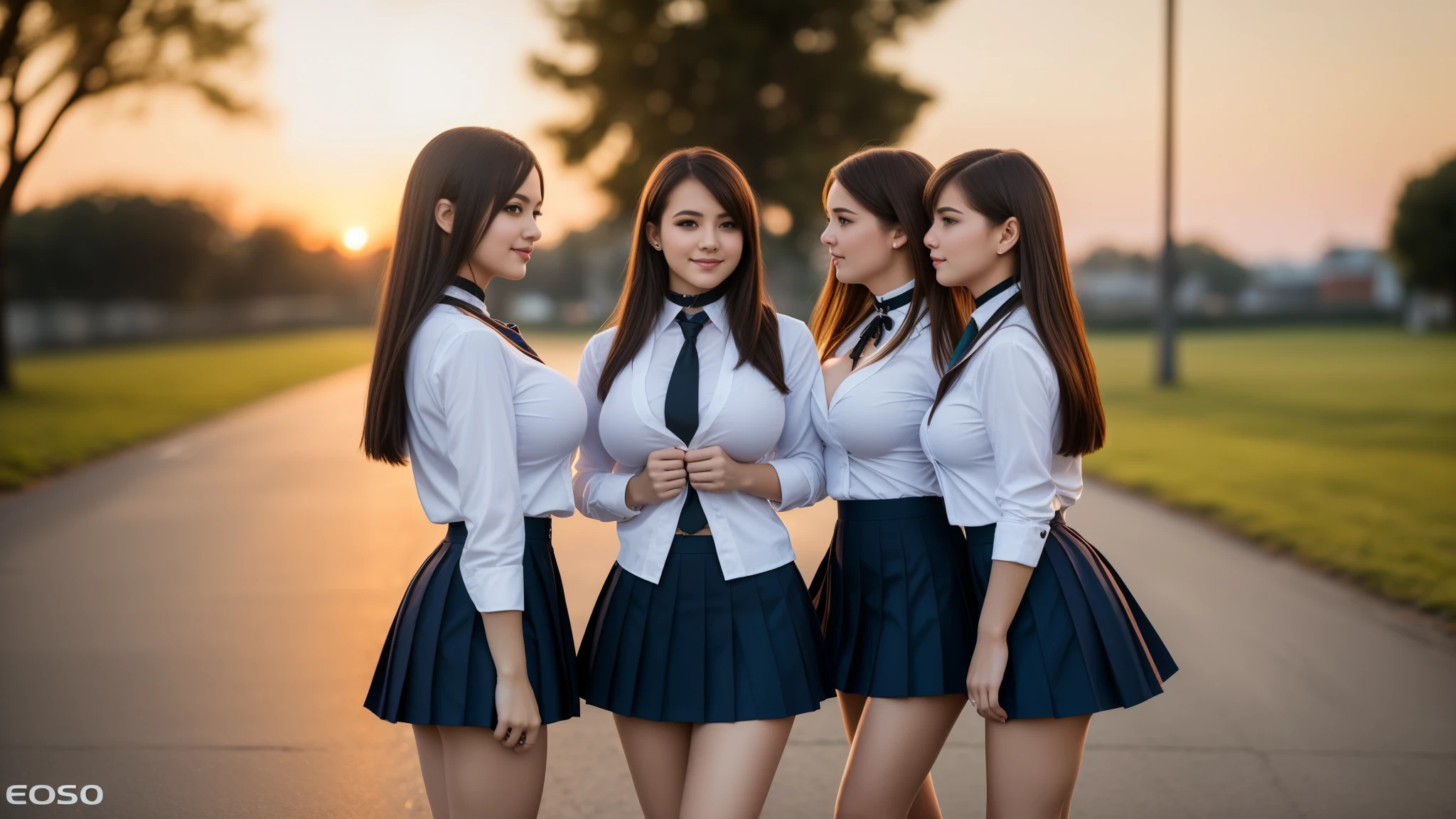 three girls, masterpiece,best qualtiy,hdr, hyper HD, 8K,Bokeh,Ultra-fine painting,Sharp focus,Physically-based rendering,Extreme detail description,portraitures,full-body photo，back turned at viewer, (long bob_cut hair), Sexy smile, choker, (school girl uniform with micro skirt and open shirt:1.2), (flashing pussy:1.2), (in sunset light:1.2), (kissing:1.2), perfect eyes, perfect hands, perfect body, perfect hair, (Big breasts:1.4), (EOS R8, 50 millimeters, F1.2, 8K, RAW photo:1.2), photograph by arny freytag