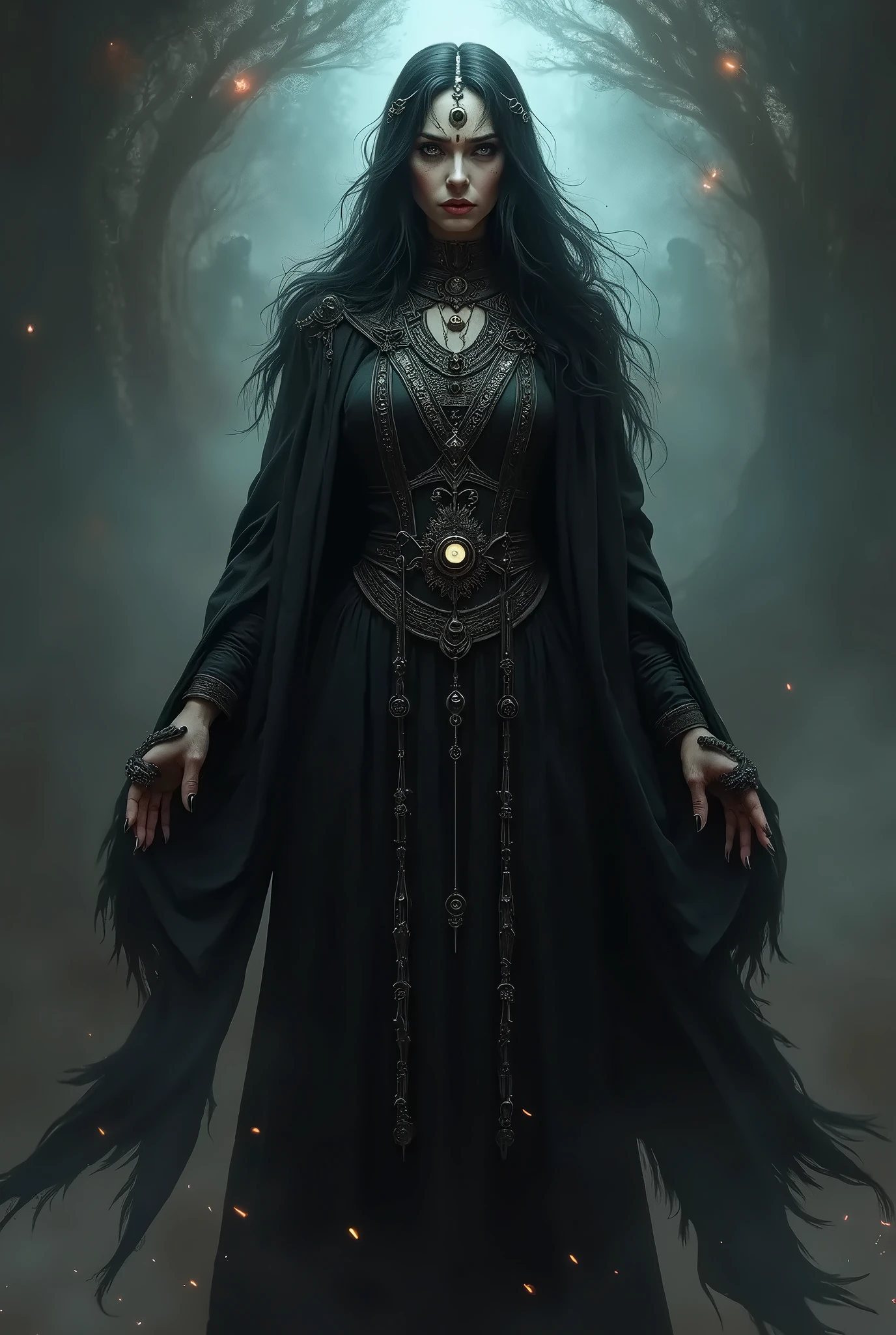 A woman in a black dress standing in front of a dark forest - SeaArt AI