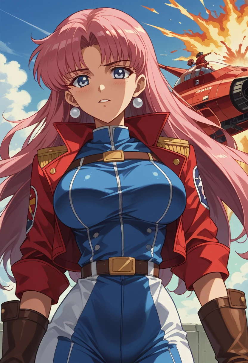 ((The highest quality)), ((masterpiece)), (be familiar with), (high definition), 8K, perfect face、pretty young woman with long pink hair, light blue eyes、((Tankの上に乗っている:1.2))、((Astride the turret)) Volumetric hairstyle、perspiration、big breasts、narrow waist、attractive、Protector、blue and red combat armor、combat tight suit con escote largo、combat boots、Equipped with large firearms、cinematic、The best shadow、side lighting、Neo Tokio、riot、Explosion、Tank、Helicopter、80 anime retro style (Close-up of the face) (full face)