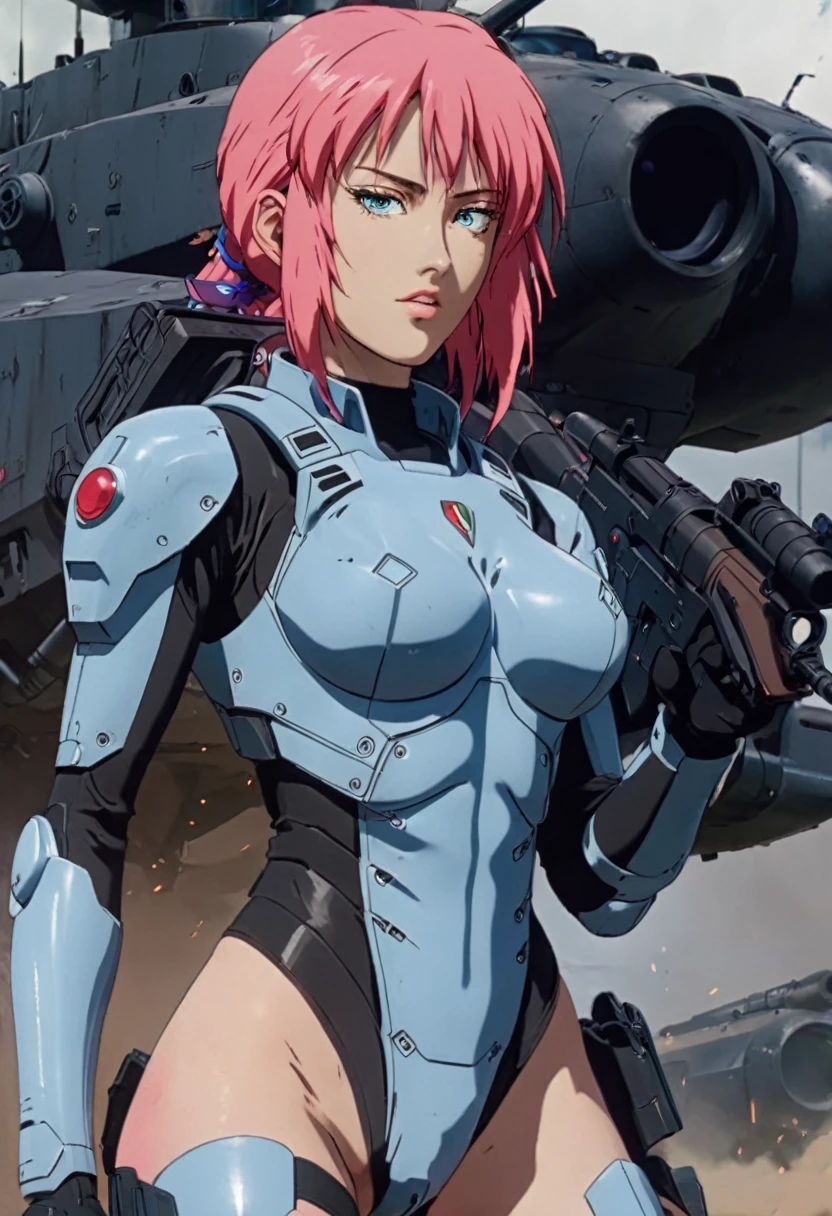 ((The highest quality)), ((masterpiece)), (be familiar with), (high definition), 8K, perfect face、pretty young woman with long pink hair, light blue eyes、((Tankの上に乗っている:1.2))、((Astride the turret)) Volumetric hairstyle、perspiration、big breasts、narrow waist、attractive、Protector、blue and red combat armor、combat tight suit con escote largo、combat boots、Equipped with large firearms、cinematic、The best shadow、side lighting、Neo Tokio、riot、Explosion、Tank、Helicopter、80 anime retro style (Close-up of the face) (full face)