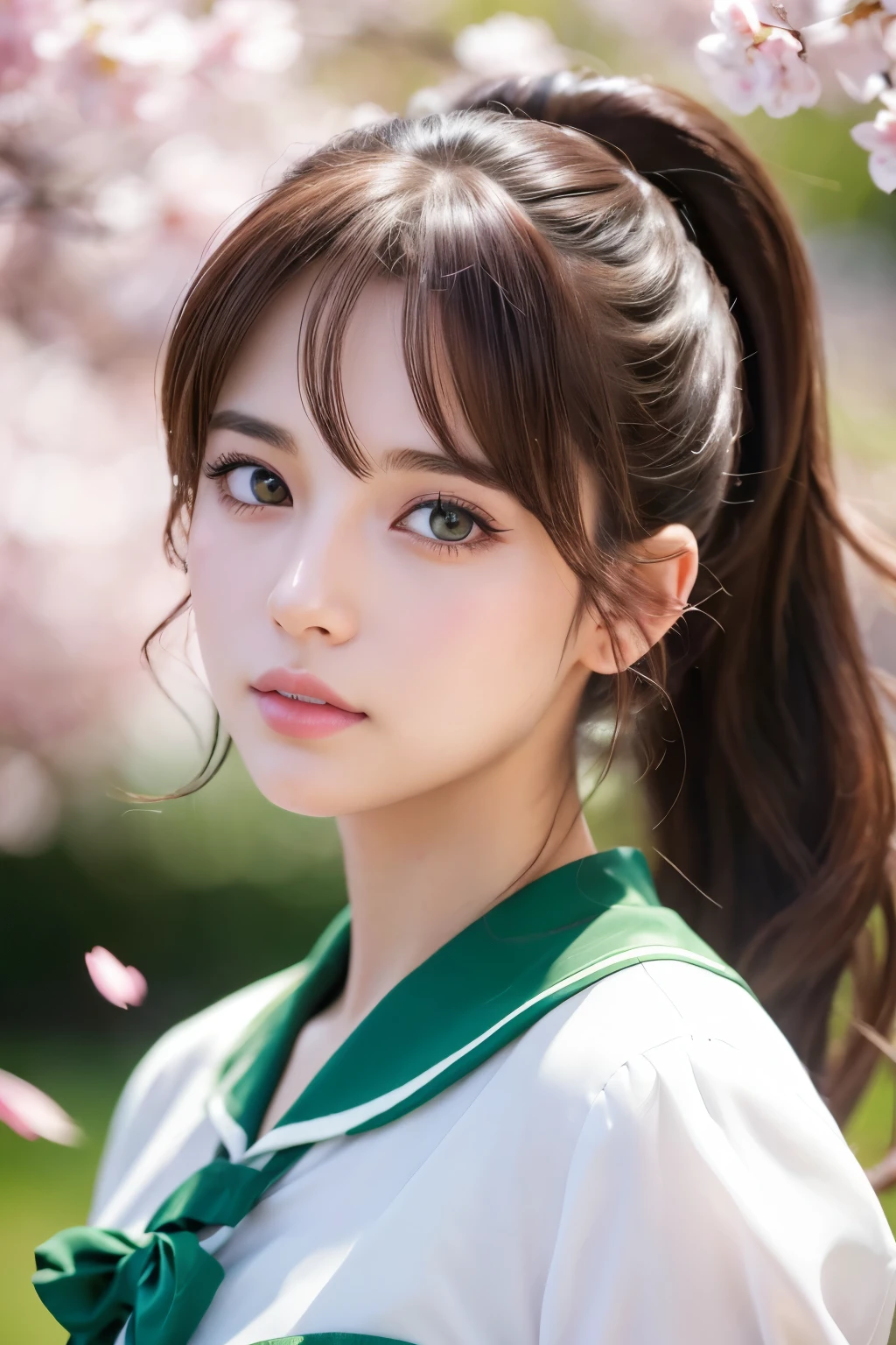 a beautiful young girl with brown ponytail hair, stunning green eyes, delicate facial features, wearing a cute school uniform, standing in a lush garden surrounded by cherry blossoms, (best quality,4k,8k,highres,masterpiece:1.2),ultra-detailed,(realistic,photorealistic,photo-realistic:1.37),intricate details,vibrant colors,soft lighting,cinematic composition,anime style,beautiful detailed eyes,beautiful detailed lips,extremely detailed eyes and face,longeyelashes,1girl, makoto, sailor jupiter, no headpiece