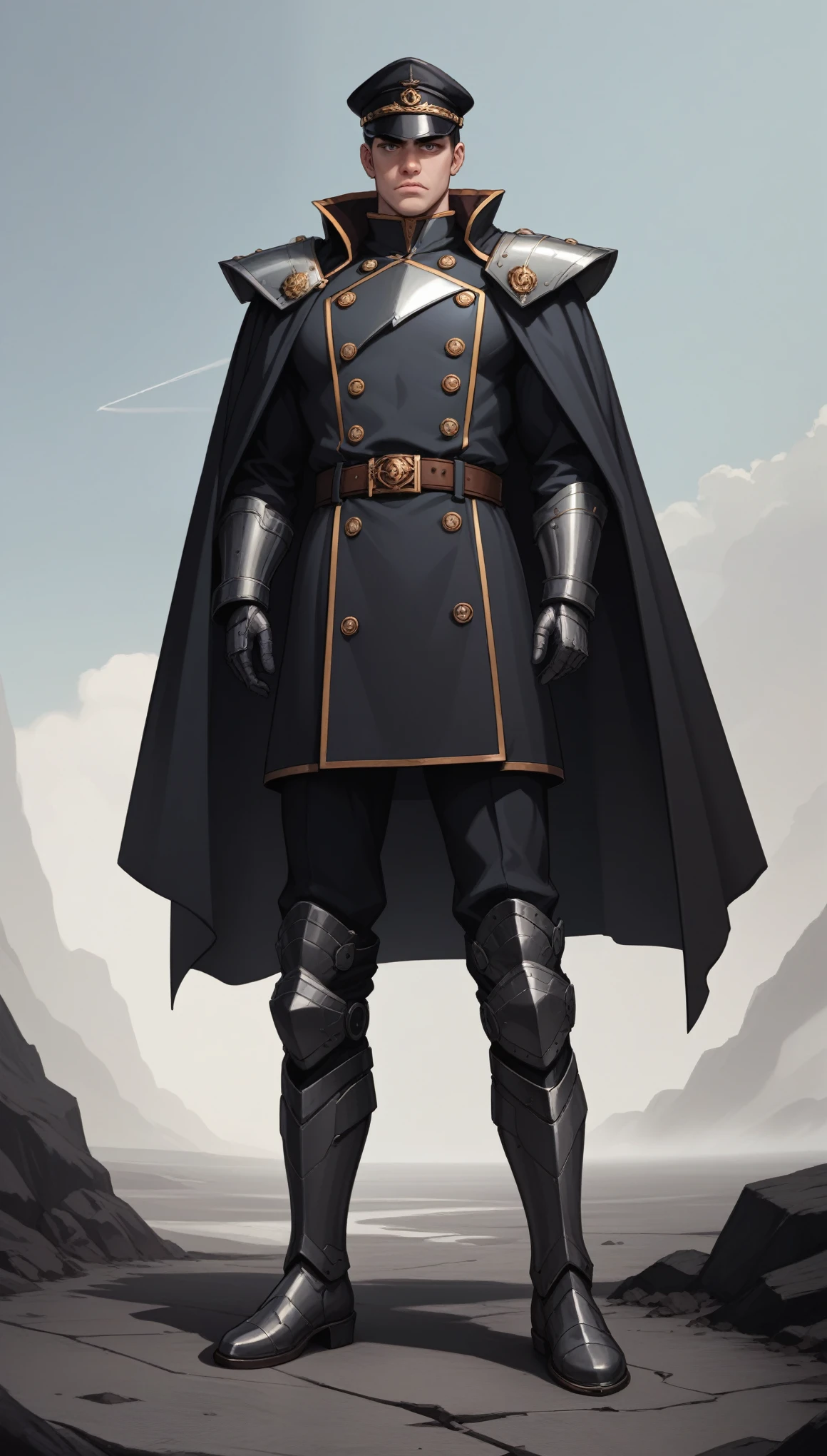 A male character with a large, imposing physique, exuding authority and power. He wears a long, dark cloak with a high collar that conceals part of his face, adding to his mysterious and commanding presence. The cloak is made from heavy, durable fabric with subtle metallic textures, fitting seamlessly with his grim military uniform. His black cap, adorned with a wide visor, casts a shadow over his sharp, stern features. Beneath the cloak, his attire consists of a dark, reinforced military jacket with polished buttons, structured shoulder pads, and armored gloves. The entire ensemble, from his high boots to his belt, reflects a bleak, dystopian future, where discipline and order reign supreme. His eyes, cold and calculating, are framed by a rugged face marked with experience and battle.