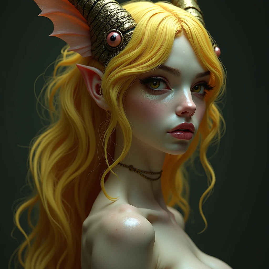 A natural ligh-skin blasian female, with long wavy golden hair, braces, mink lashes, tattoos, diamond chain, flawless eyebrows, a twisted mermaid that has on pink n red outfits