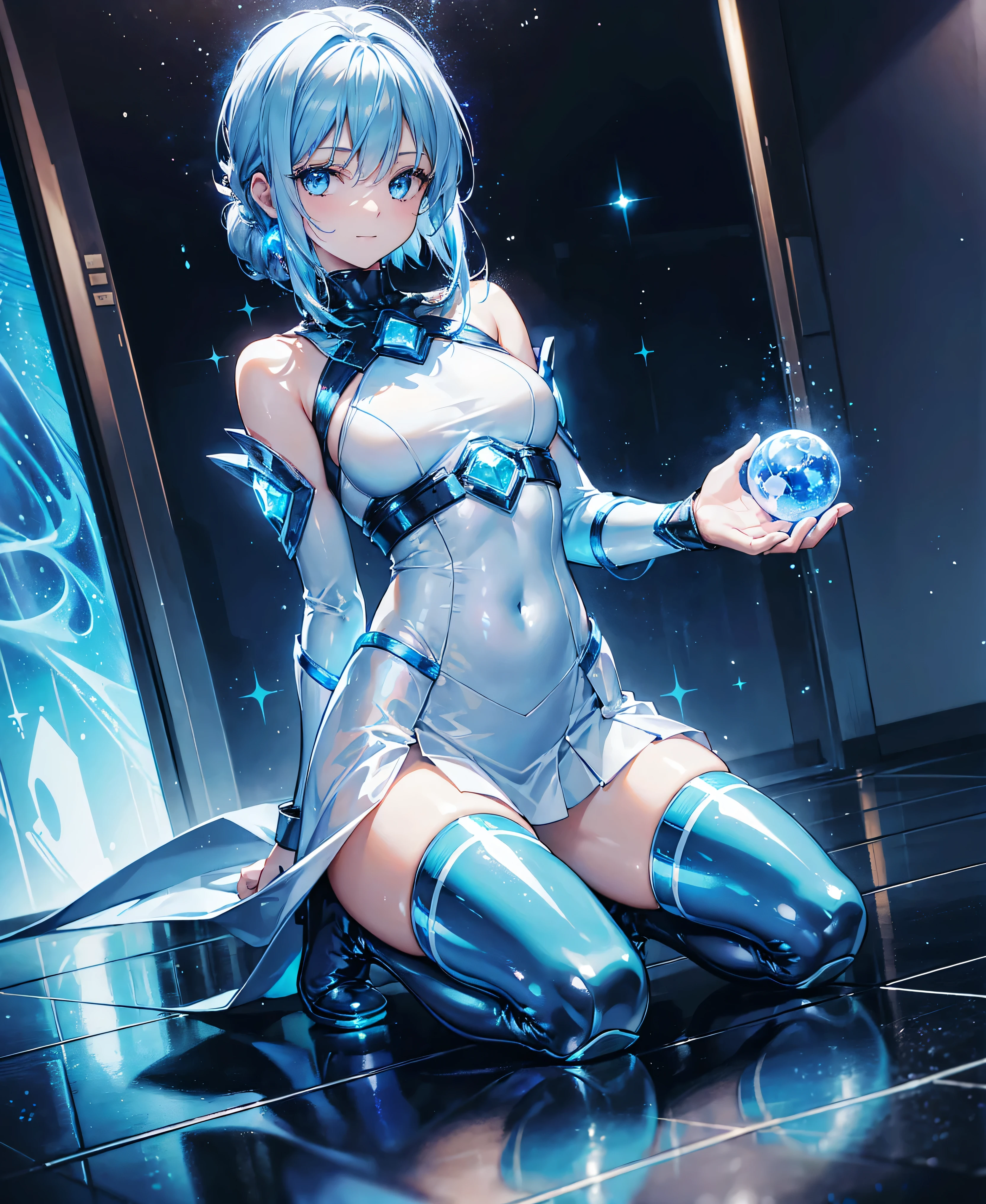 ((Holographic glow effect)),8k, Highest quality, (real:1.4), Original photo, 1 person, Asari Hair, Biological Amplifier, Very sleek and futuristic armor, posture: Peace talks between warring factions,,attention arousal, smart blue eyes,A modest smile,Knee-high boots,Patent-look blue tights,Blue big moon and blue light swirl in the background,Blue light from behind,blue light magic,A small, glowing blue ball in the palm of your hand,Blue flame swirl,Blue Comet,Polished floor,