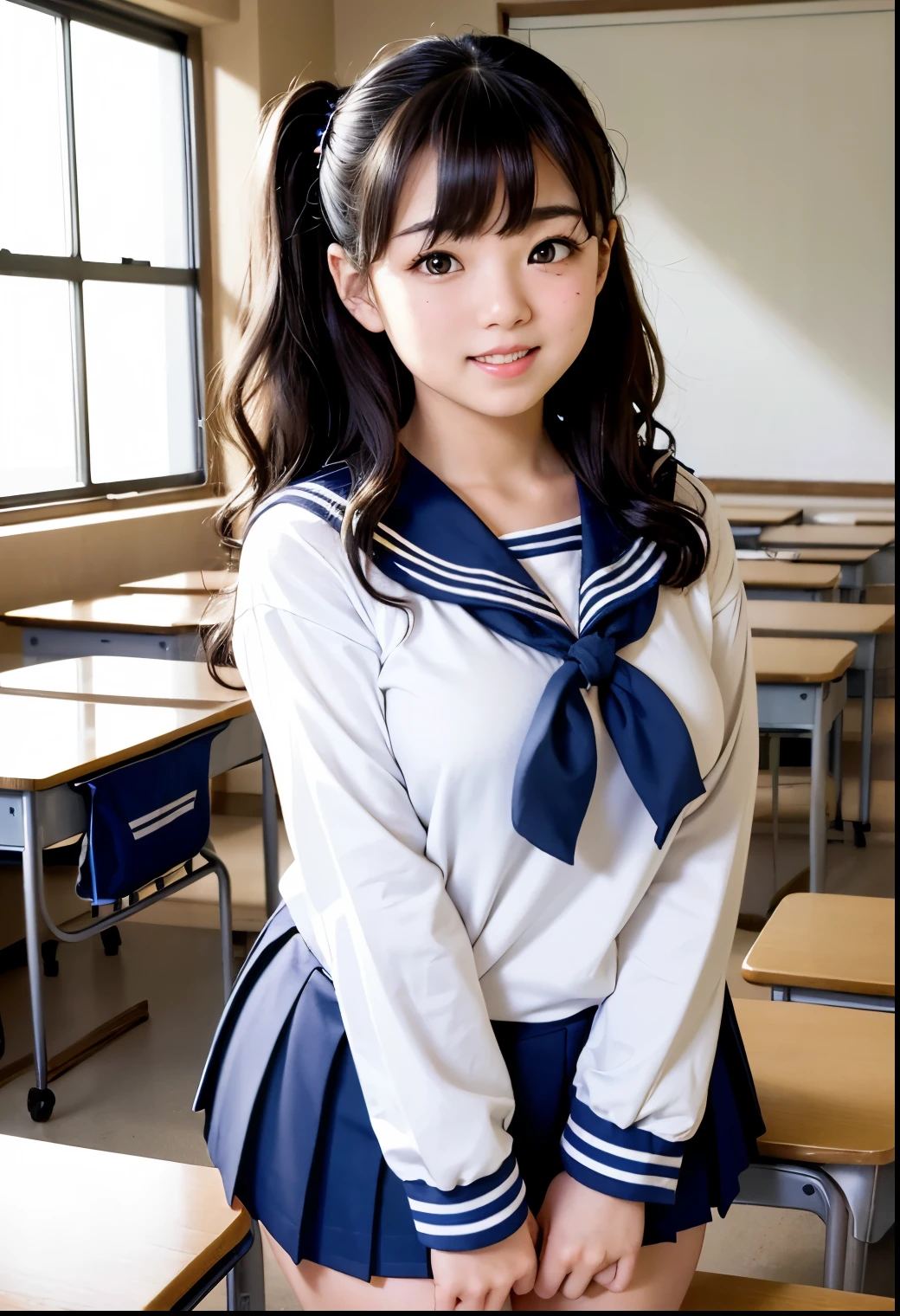 (Best Quality,masterpiece:1.3,Ultra-high resolution),(Very detailed、Caustics) (Realistic:1.4, RAW shooting、)Ultra-Realistic Capture、Very detailed、Natural skin texture、masterpiece、(Japanese girl wearing sailor uniform in high school classroom:1.3)、Hair blowing in the wind、Adorable expression、Expressions of joy、、: 、、Innocent Girl、Amazingly cute、Twin tail hairstyle、Curly Hair、Scrunchie、Black Hair、Very large breasts、Shining thighs、Photo taken in a high school classroom、Background details、smile、Attractive gaze、(Anatomically correct)、Attention to detail、