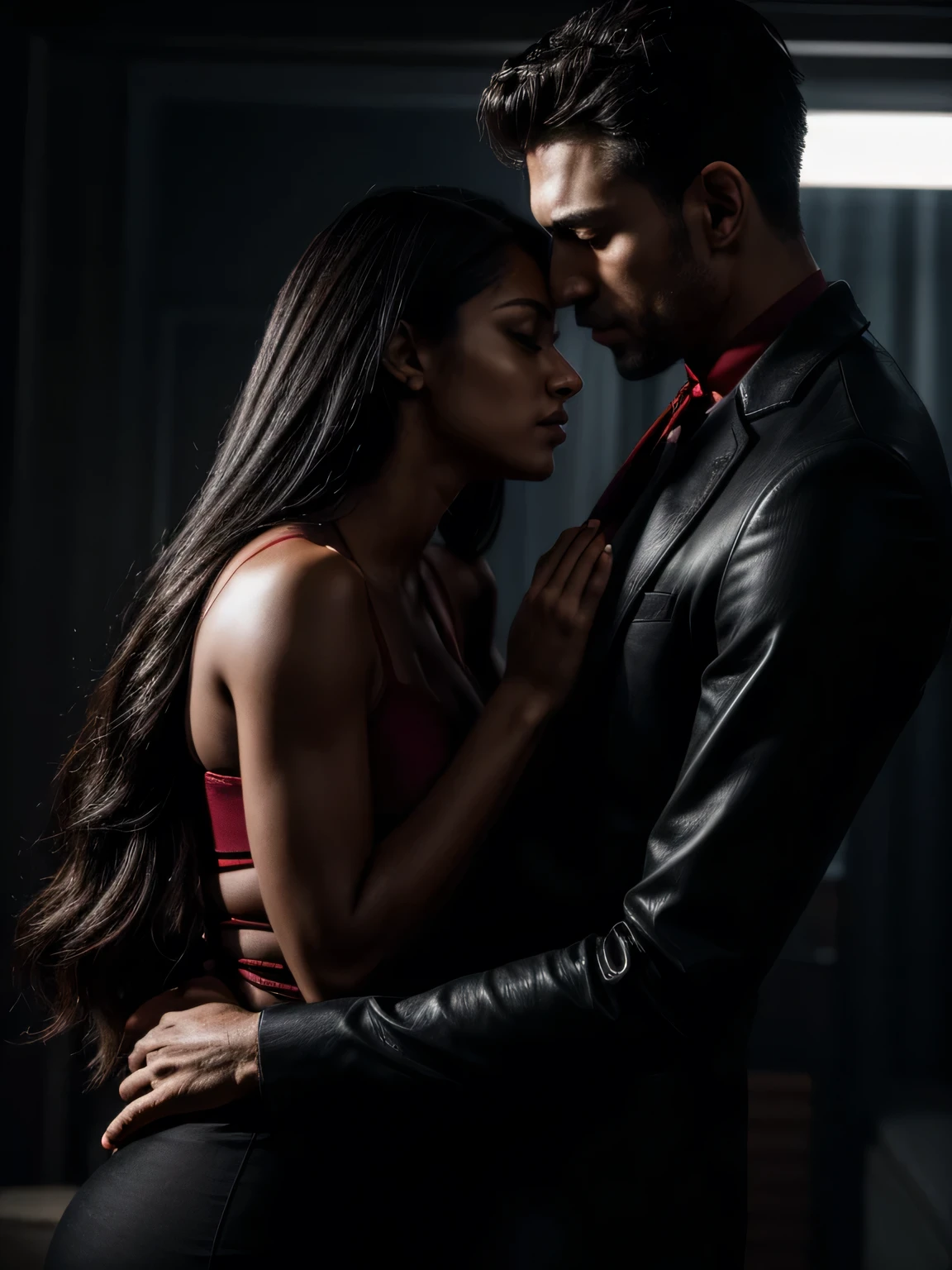 "A powerful scene shows a woman confidently dominating a man, her hands firmly gripping his throat as he lies beneath her, dressed in dark clothing. The woman, standing tall and commanding, exudes control as she leans over him, her posture strong and assertive. Her fingers, adorned with dark nails, press into his neck, the slight tension visible in his strained expression. A vibrant red ribbon loosely wraps around her wrist, a subtle symbol of power. The image is captured in 4K resolution, showcasing every detail—from the contrast between their clothing and skin to the shadows that heighten the intensity of the moment. The soft lighting emphasizes the woman's dominance and the man's submission, while the minimalist background keeps all focus on the dynamic interaction. The sense of control and power radiates through every element of the scene."