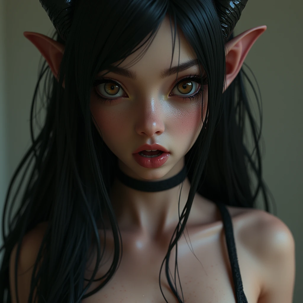 頭部が山羊で下半身がBlack body hairに覆われた足に蹄を持つ全裸の女の子,Extremely thin body,Small breasts,Beautiful nipples,Crouching pose,Very long arms,Long, pointed claws,Black body hair,Black realistic goat face,Goat Eyes,A girl who looks like a devil,Hairless upper body,Perfect goat face,Skin-colored upper body,Hairy lower body