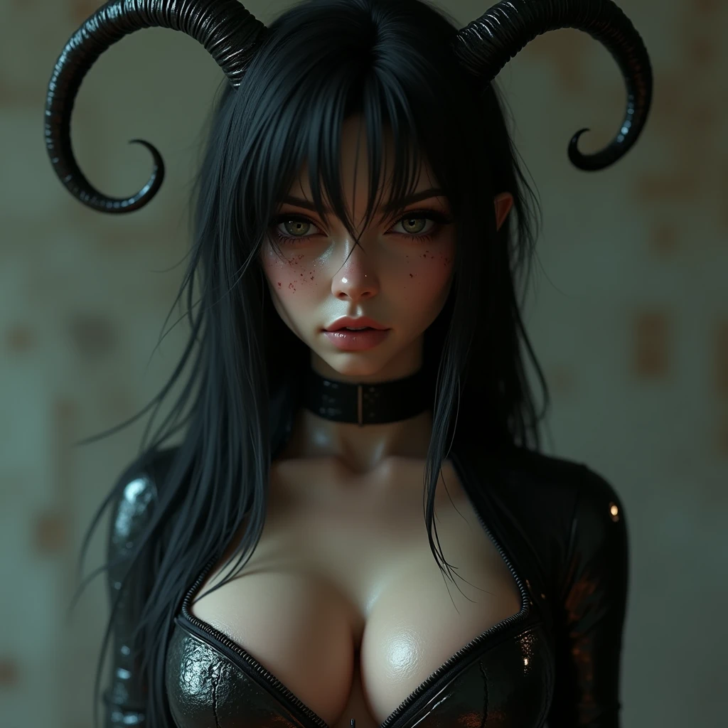 Mulher bonita de olhos vermelhos, demon horns, black hair and wearing a tight black latex dress. realista, alta qualidade --auto --s2