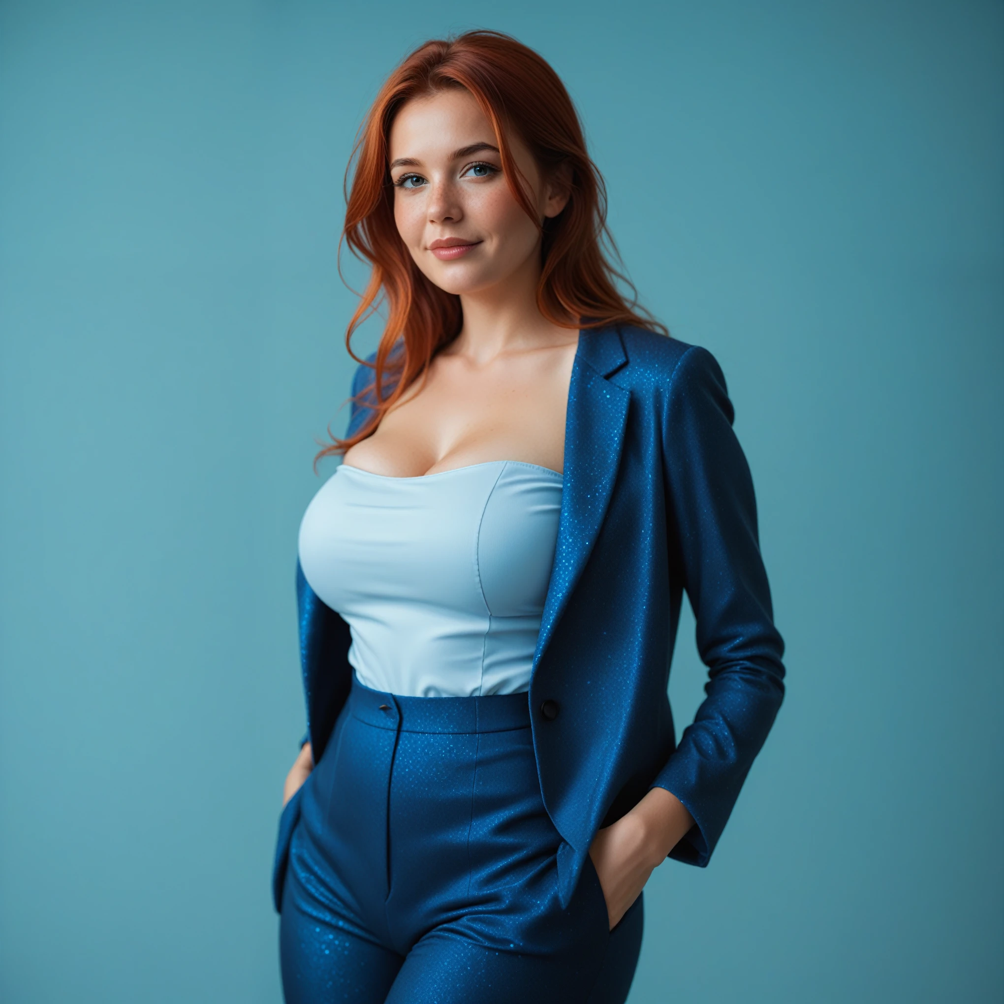 Beautiful tall woman with scarlet red hair and emerald eyes super realistic and well detailed admiral blue suit outfit