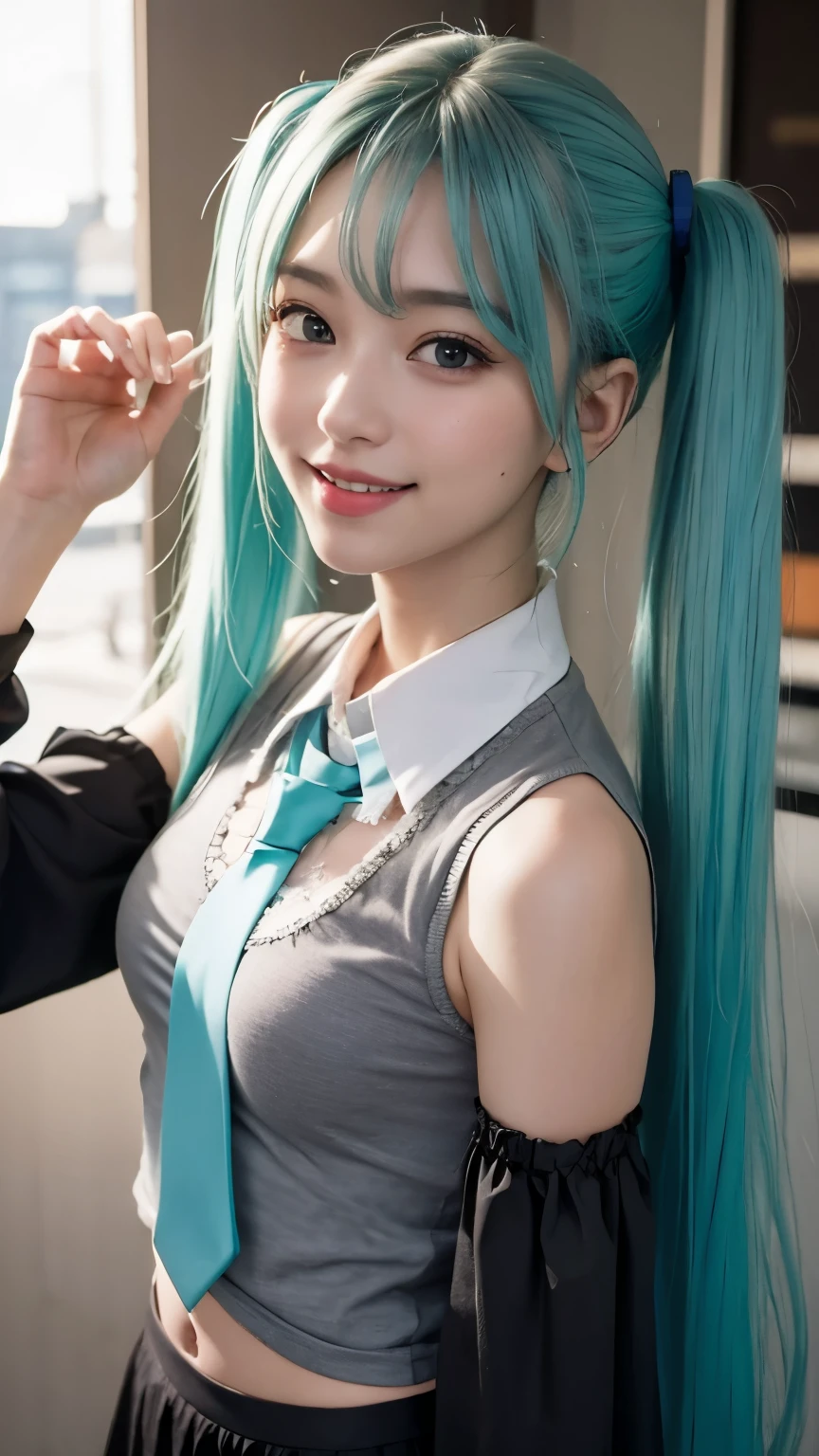 ((masterpiece)), ((sfw)), (best quality), (beautiful eyes), (from above), (backlighting), (sunlight), (Hatsune Miku), (twintails), ((aqua color hair)), ((bangs)), (parted lips), BREAK, ((aqua color tie)), BREAK, ((sleeveless shirt)), (((grey color shirt))), BREAK, ((detached black sleeves)), (((black long sleeves))), ((black skirt)), BREAK, ((navel)), ((light smile)), ((in the tokyo)), ((cowboy shot)), ((looking at viewer))