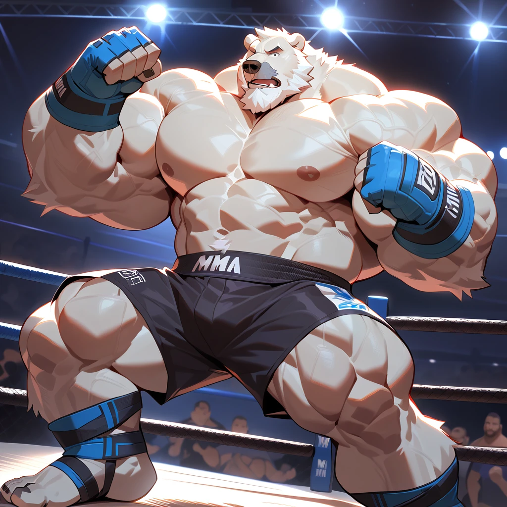 bara polar bear, strong physique, perfect anatomy, masterpiece, gray moustache and beard, wrinkles huge white fur, solo, great lighting, black MMA shorts with blue slits, MMA fingerless gloves with blue pads, ankle support foot wraps, MMA fighting tournament, punching, kicking, topless, hyper muscular, thick arms, huge pectoral