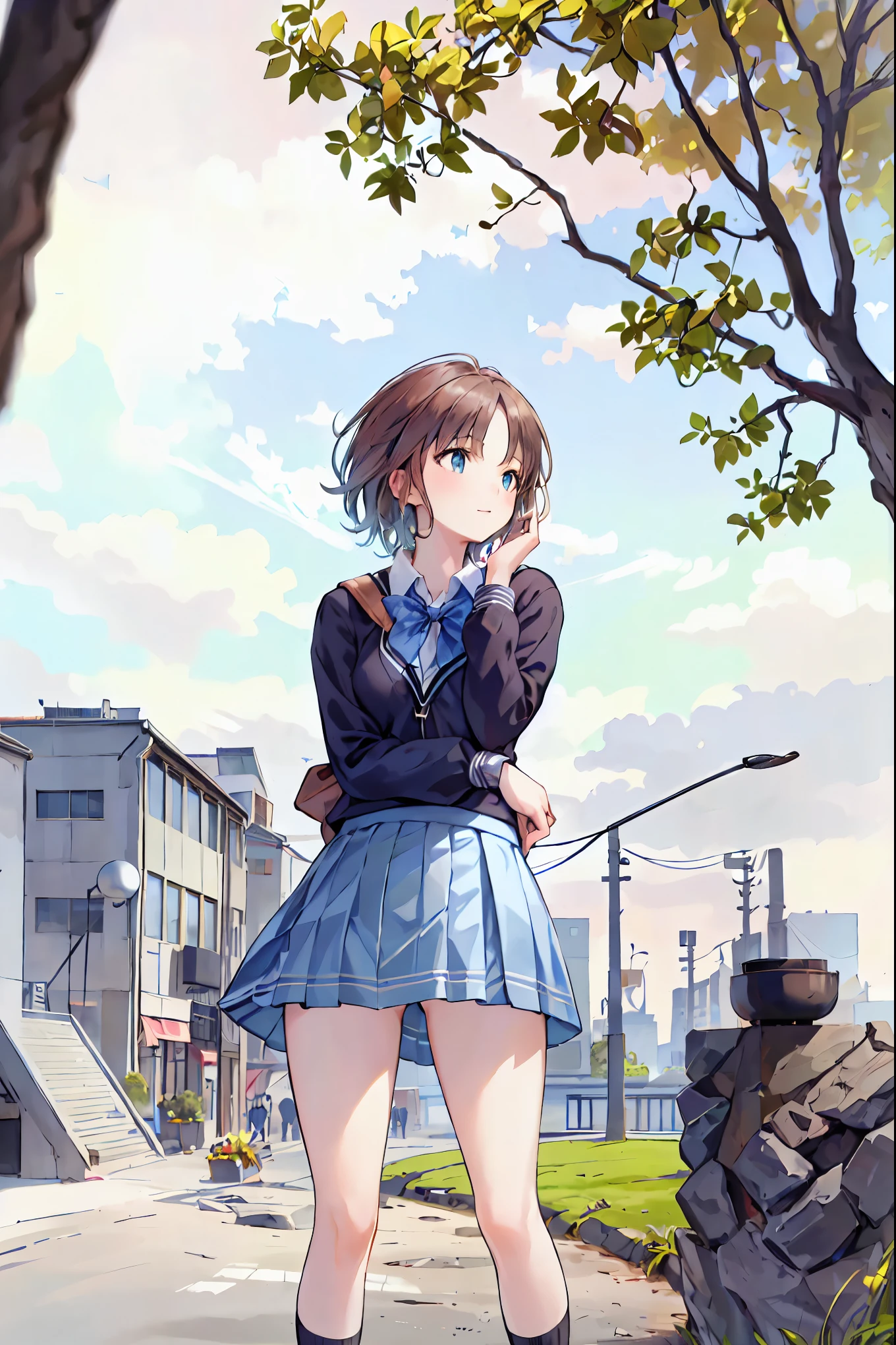 Brown Hair，Shortcuts，Disheveled Hair，Slender beauty，hole々Positive Attitude，Small box，Beautiful legs，Her mesmerizing grey-blue eyes shine like stars，(masterpiece:2.0), (Best Quality:2.0), (Ultra Mini Skirt, Super short length, Schoolgirl uniform:1.5), (Side view:1.5), (Sexy pose:1.5), (Red face:1.3), (Realistic:1.5), 1 , Precision small handle, Embarrassed look, smile, Very nice girl, Innocent face, Young Face, Clear Eyes, 輝く目Small box, Beautiful Skin, Super Resolution, Highest Resolution, Japanese high school students, Blazer uniform，Brown Hair, In the park