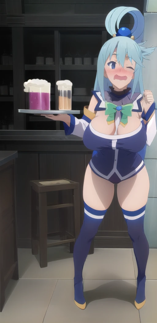 work of art, Best quality, Alone, 1 , chisato nishikigi, looking at the viewer, light smile, mouth closed, Blush, embarrassed, big breasts, collant preto, tray retention,, beer, beer, Standing, bar , full body((goddess Aqua of Konuba)) 