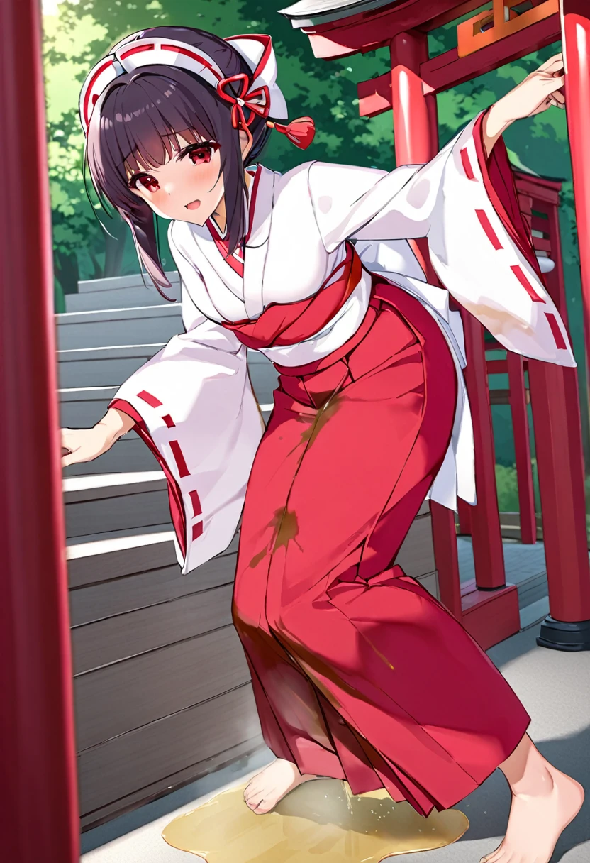 NSFW, (masterpiece, top quality, best quality, highly detailed:1.6), anatomically correct, (full body), wide shot, long shot, (Knee rubbing:3), (leaning forward, Hold the crotch area over the clothes:2.5), (standing:2), (((clutching crotch))), (woman standing at a shrine,torii, outdoor), (miko, Maxi Length red hakama, Extremely wet with pee:2.5),strong facial expression, (sharp eye:1.2), (scowl:1.1), (embarrassed,blush:1.3), (steam:2.8), (Wet:1.1), (sweat:1.1), (trembling:1.3), (open mouth, wavy mouth:1.7), (clenched teeth:2.3), (Drooling from the mouth:0.7), (half open eyes:2.5), (Close one eye, Winking:3), (tears:3), (feeling weak:1.5), (bravery crying, sobbing:1.5), (shoot from front:1.2), (Red sandals:2), (long hair, Dark Brown hair, low ponytail:1.5), (woman trembling with sexual climax:1.5), colorful, perfect composition, (Touching the crotch:1.7), urination, incontinence, piss, peeing self, A lot of pee, (((pee stream))), (pee puddle), Wetting herself, peeing, blush, trembling, embarrassed, large breasts, Yellow pee, ((leaking pee)), Shaking one's shoulders, Breaking a sweat on forehead, Pee spread on the floor, (Pee stains), Full bladder, ((Pee-soaked hakama)), natural makeup,Pee dripping from hakama,((hakama with big urine stains)),(Widespread urine stains,hakama covered in urine),