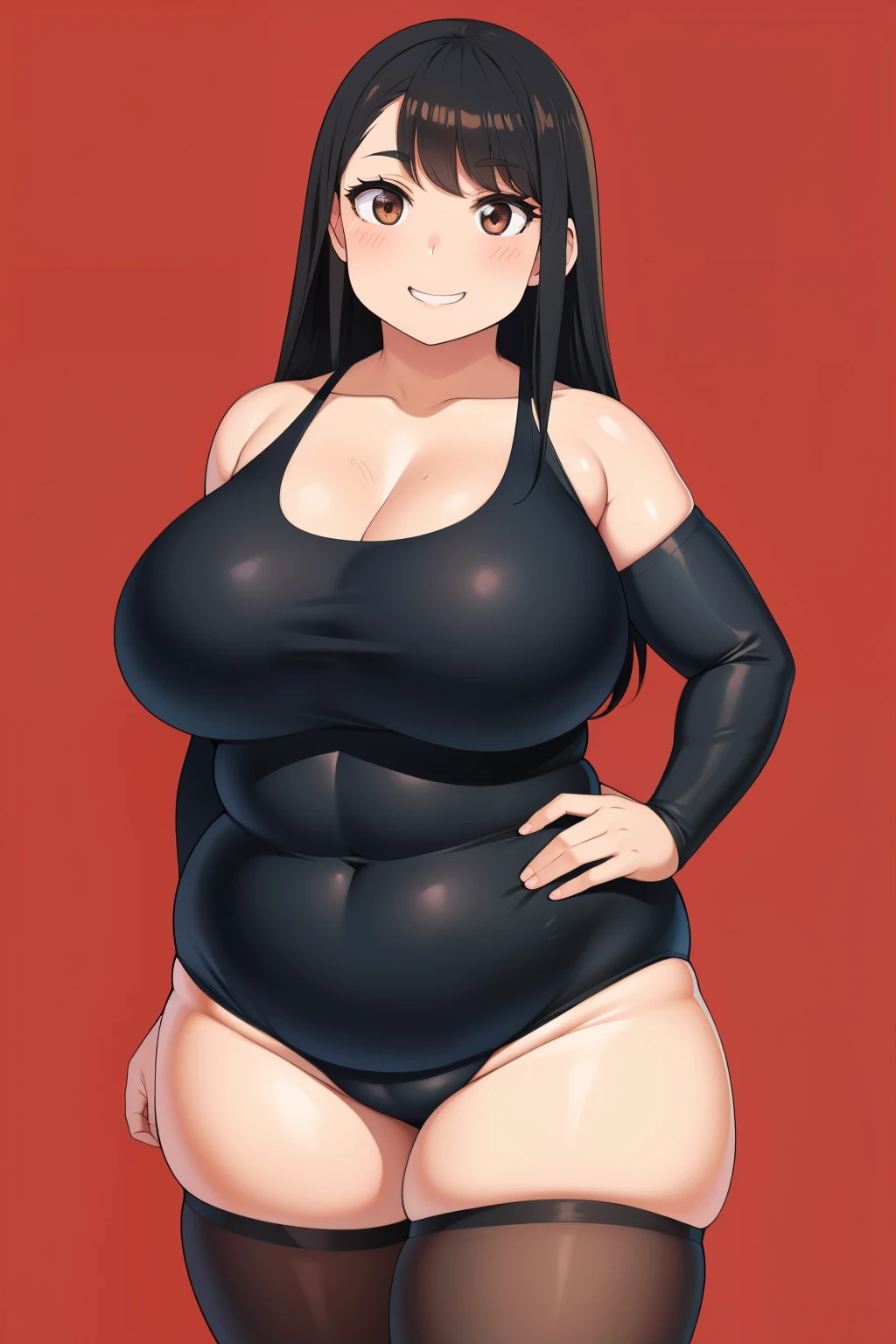 Plump year 21 big breasts black hair brown eyes happy longer hair smile blushing smug leotard 