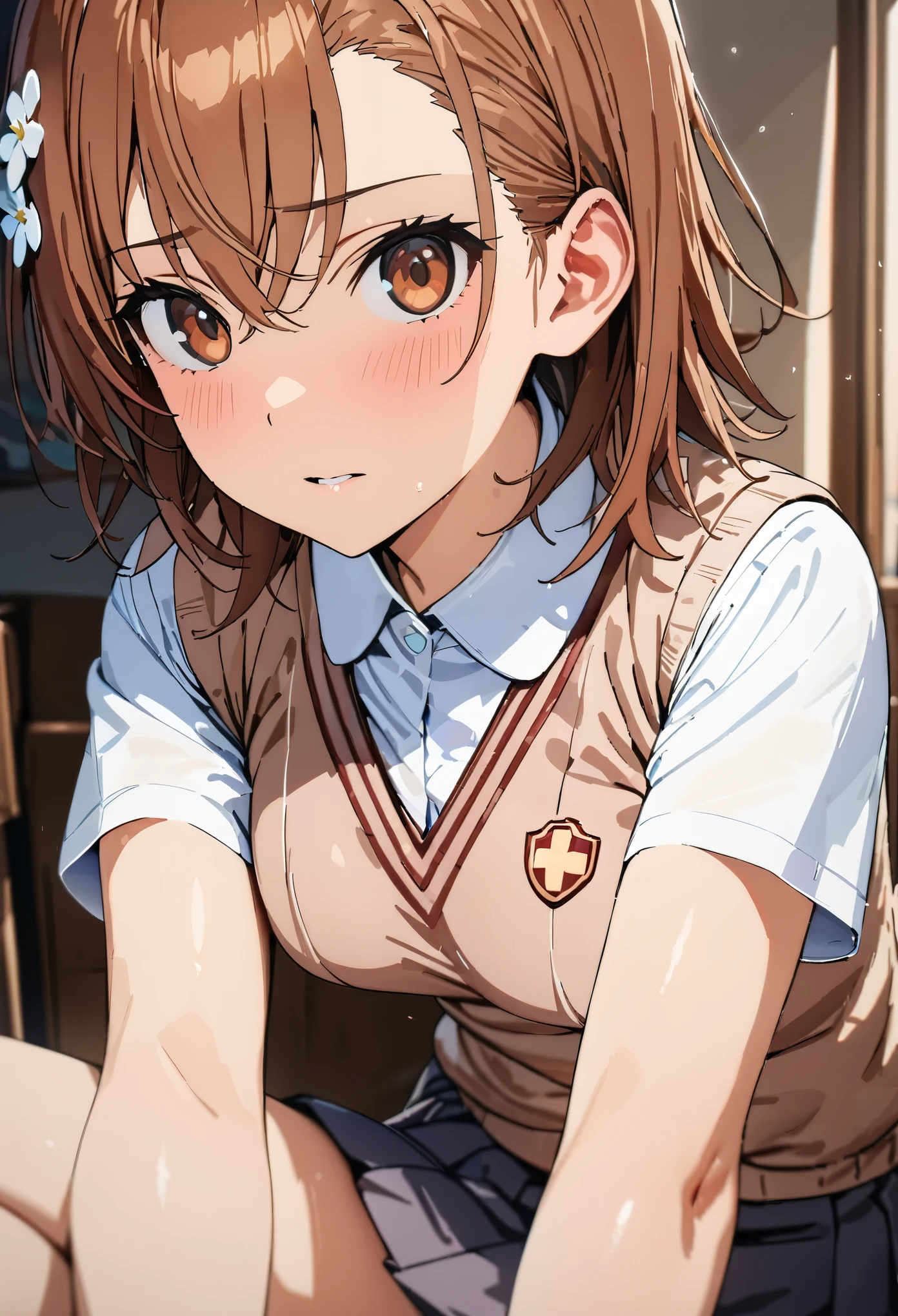 (((masterpiece、High quality, super detailed, 4K))), (((1girl, solo))),beautiful girl.mikoto misaka, short hair, brown hair, hair ornament, hair flower, brown eyes,
skirt, shirt, school uniform, white shirt, short sleeves, pleated skirt, grey skirt, sweater vest, tokiwadai school uniform,