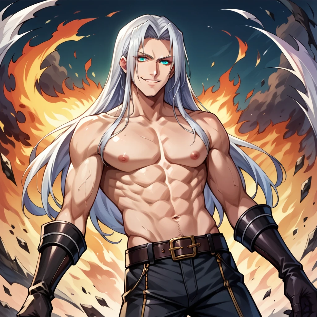 score_9, score_8_up, score_7_up, score_6_up, BREAK, source_anime, pov, 1boy, Sephiroth, aquamarine eyes, shirtless, black pants, boots, belt, intricate details, illustration, detailed background, burning crater, vivid colors, perfect light, looking at viewer, evil, smile, dutch angle, posing