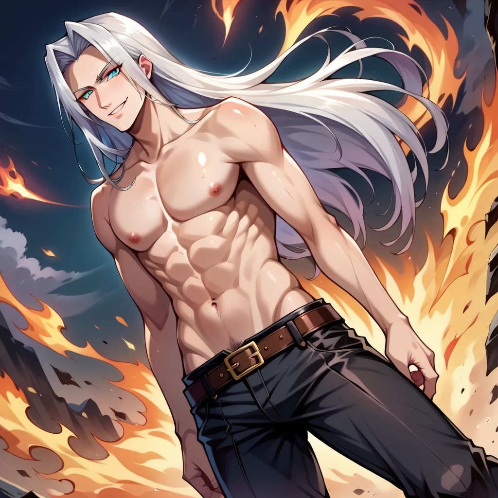 score_9, score_8_up, score_7_up, score_6_up, BREAK, source_anime, full body shot, 1boy, Sephiroth, aquamarine eyes, (exquisite face:1.3), shirtless, black pants, boots, belt, intricate details, illustration, BREAK, detailed background, burning crater, (vivid colors:1.3), perfect light, looking at viewer, evil, smile, dutch angle, posing, (sfw:1.3)