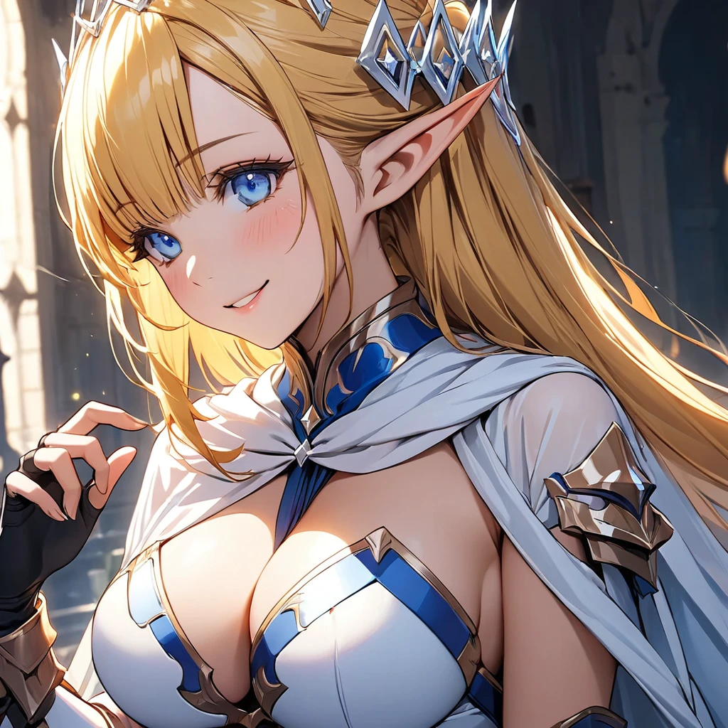 will be, 1elf girl, blonde hair, long hair, pointy ears, blue eyes, white cape, A hair accessory made of silver diamond-shaped frames.、cleavage, white and blue armor, smile, black fingerless gloves,  masterpiece 、detailed eyes, Beautiful attention to detail:1.2, Perfect lighting, (perfect hand, perfect anatomy), Precise depiction、Vibrant colors