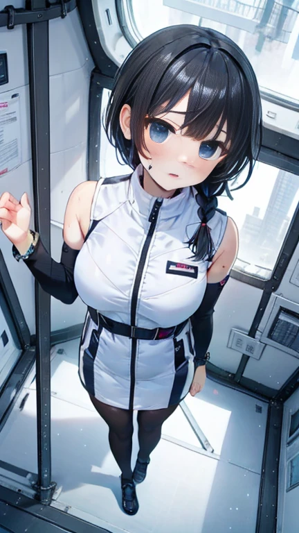 (Highest quality), (masterpiece), 1080P, High resolution, 4K, 8k, Thigh straps, Shooting from directly below, The woman on top of me, Nipples, 白いSweat, Covered , Sweat, Woman looking down, Micro Bikini, Skirt swimsuit, Thigh-high socks, To achieve this, 16 years old, Small breasts, whole body, Black leather shoes, Braided hair, Inner Color, Embarrassed face, Short black hair, bracelet, Bedroom,celestial body_Vest
