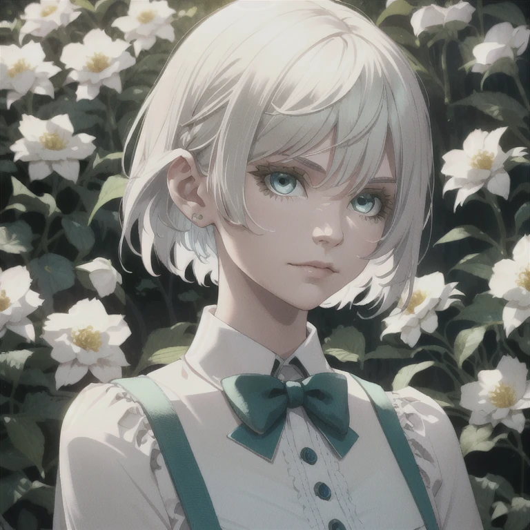 a beautiful girl with short white hair, blue-green eyes, androgynous appearance, delicate facial features, intricate hairstyle, tucked behind ears, slight smile, wearing a white collared shirt, hands clasped in front, standing in a lush garden with blooming flowers, warm lighting, cinematic angle, highly detailed, photorealistic, 8k, best quality, intricate details, masterpiece