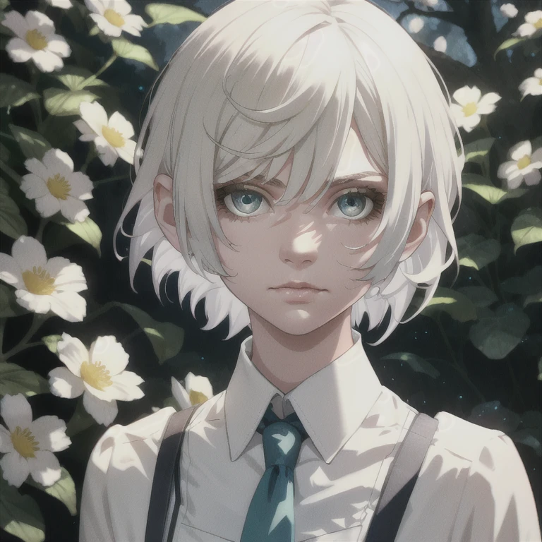 a beautiful girl with short white hair, blue-green eyes, androgynous appearance, delicate facial features, intricate hairstyle, tucked behind ears, slight smile, wearing a white collared shirt, hands clasped in front, standing in a lush garden with blooming flowers, warm lighting, cinematic angle, highly detailed, photorealistic, 8k, best quality, intricate details, masterpiece