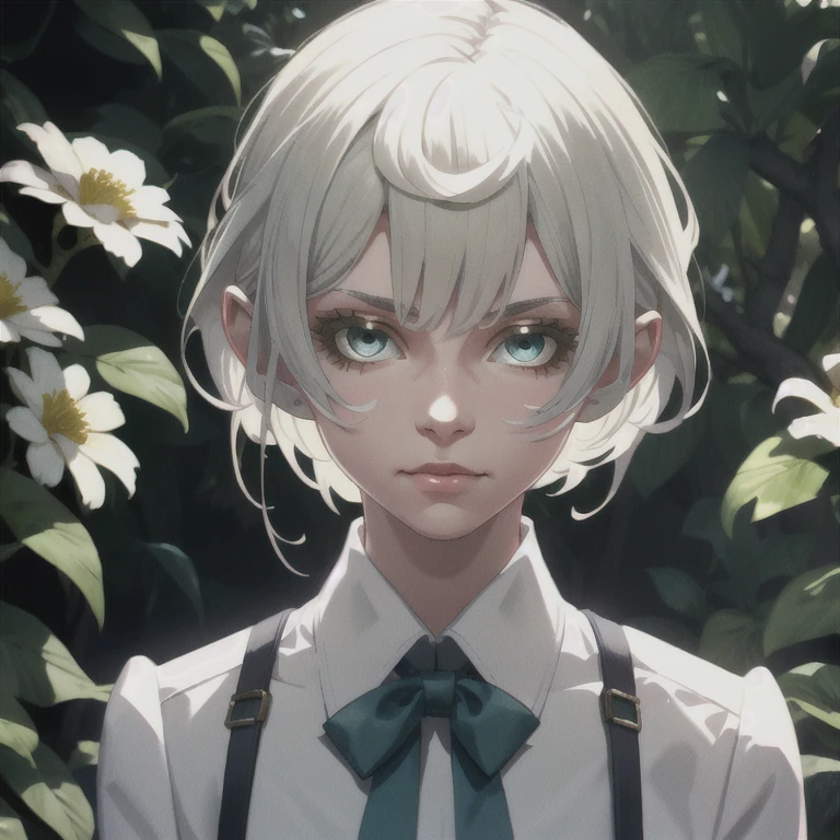 a beautiful girl with short white hair, blue-green eyes, androgynous appearance, delicate facial features, intricate hairstyle, tucked behind ears, slight smile, wearing a white collared shirt, hands clasped in front, standing in a lush garden with blooming flowers, warm lighting, cinematic angle, highly detailed, photorealistic, 8k, best quality, intricate details, masterpiece