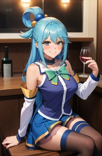 masterpiece, best quality, highres, absurdres, ultra detailed, pretty eyes,
 aaaqua, long hair, blue hair, hair rings, hair ornament,choker, bare shoulders, green bow, blue shirt, detached sleeves, blue skirt, thighhighs, drunk, intoxicated, blushing, hazy, grinning
sitting_on_stall, bar, glass_red_wine
 