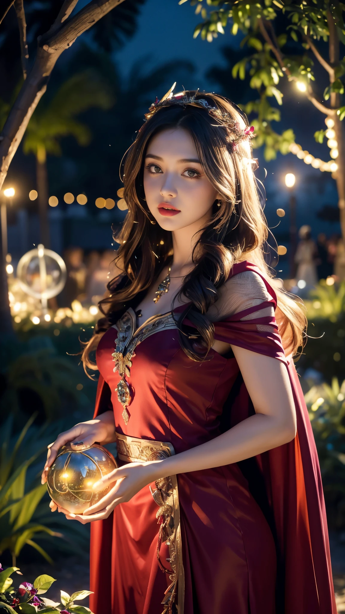 (8K, ultra hd, masterpiece, hd colors, 1 girl, perfect face, very long curly hair, detailed eyes, detailed dress, ((red anddress)), stocking, flower lace, ((mesh ribbon)), sardine, straps, net clothing, loops, ((flowing cape)), bare navel, jwellery, waterside, Realistic scenery, epic scenery, sun rising, night, clouds, Butterfly, blossom, blowing wind, perfect pose, ray tracing, bloom, upper body, sitting,