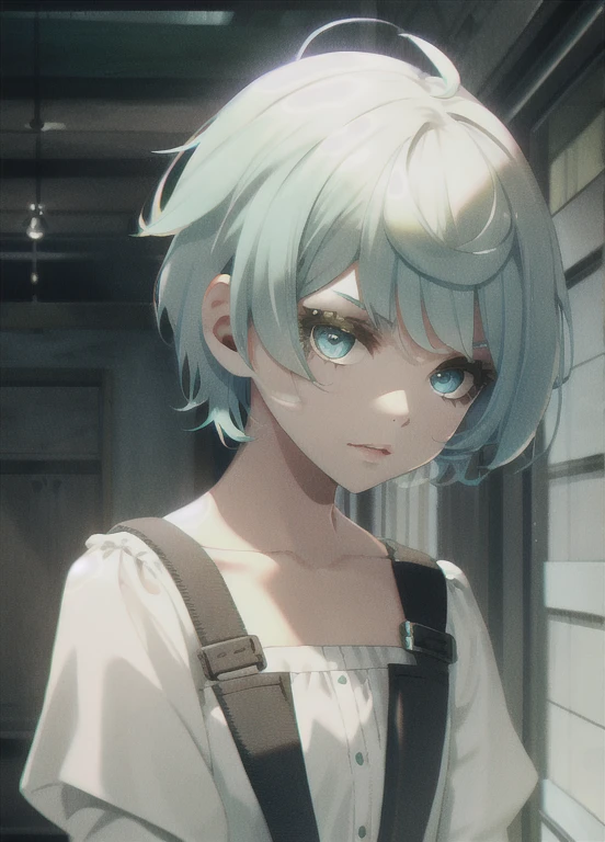 Girl with short white hair and blue-green eyes looks like a boy