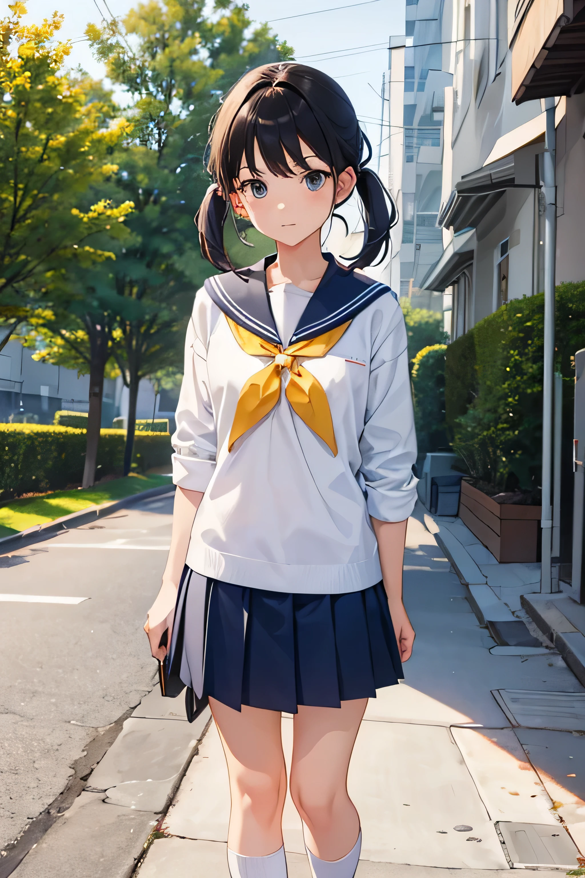 Anime girl in a school uniform walking down a street - SeaArt AI