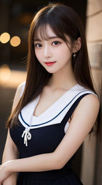 photo realistic, (8k, RAW photo, best quality, masterpiece:1.2), High detail RAW color photo, professional photograph, upper body, (realistic, photo realistic:1.37), cinematic light, (finery detailed face:1.2), white skin, real human skin, (detailed face), oval face, pores, ultra high res, BREAK, thigh 1girl, very cute, very beautiful, photo realistic, Beauty event companion, 18-28 years old, curby:1.15, (medium-breast:1.37, cleavage:1.37), (looking straight at viewer with a serene and goddess-like happiness:1.2), (beautiful thin long hair, brown hair), (lifter gloss, eyelashes, gloss-face, best quality, ultra highres, Broad lighting, natural shading), (seductive look, (school girl uniform:1.3, white sailor shirt:1.3, navy box-pleats-skirt:1.3)), BREAK, ((shy, light smile:1.3, seductive smile, soft smile, open mouth:1.3, blush, in heat, presenting, seductive emotion, aroused)), ((gorgeous hotel bedroom at night:1.5, night bedroom:1.5, moody:1.5, night, star, starry, moody lighting:1.5, cinematic light)), ((sexy random posing:1.3)), blurry background, bokeh, depth of field, (upper body:1.3), centered image, perfect ???????, perfect proportion,