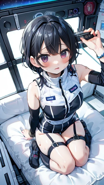 (Best Quality), (masterpiece), 1080P, High resolution, 4K, 8k, Inside the space station、Futuristic room、Thigh straps, Shooting from directly below, The woman on top of me, 白いsweat, Covered , sweat, Woman looking down, Skirt swimsuit, Thigh-high socks, To achieve this, , , whole body, Black leather shoes, Braided Hair, Inner Color, Embarrassed face, Short black hair, bracelet, bedroom,astrovest
