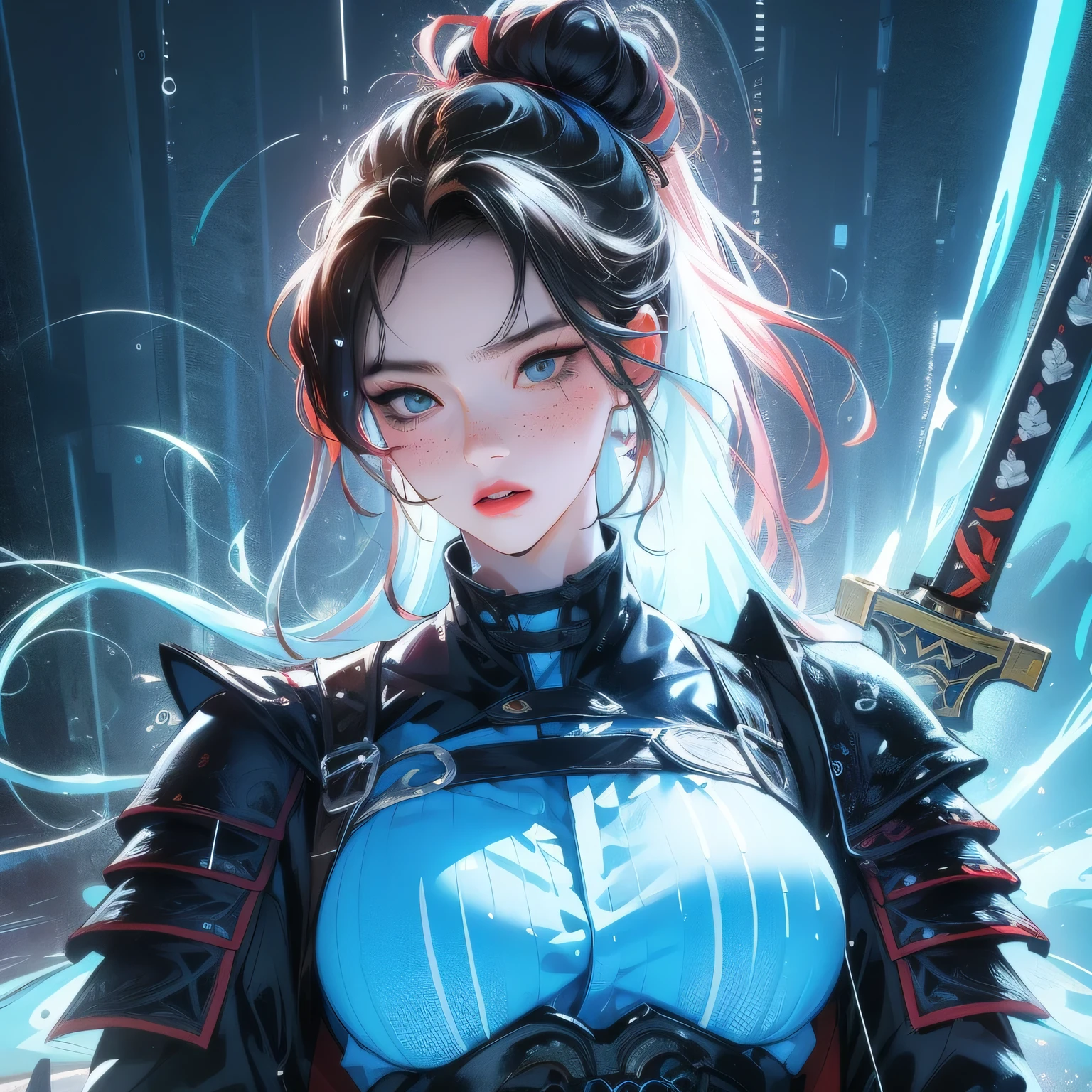 ChineseGirl,20yr old,researcher,Bust photo,longponytail,black color hair,floated hair,red color eyes,A plump chest,Open white coat,short- sleeved,short crop top,Lingerie with a slinger,expose arms,Expose your navel,scholar clothing,joint armor,close your mouth,sideways standing,elegant and charming,Calm and serious,Futuristic fantasy,Lab scenario,Mechanical instruments,Futuristic tech style,cyber punk personage,hyper realisitc,8K,be full of details,Realistic