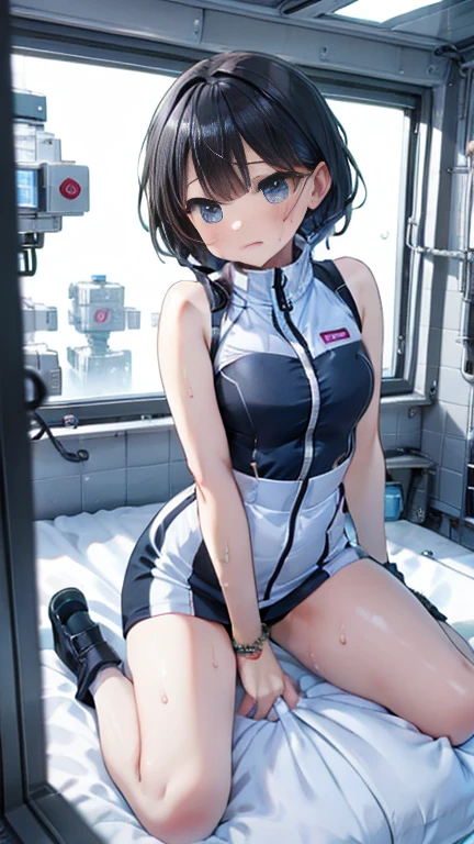 (Best Quality), (masterpiece), 1080P, High resolution, 4K, 8k, Inside the space station、Futuristic room、Thigh straps, Shooting from directly below, The woman on top of me, 白いsweat, Covered , sweat, Woman looking down, Skirt swimsuit, Thigh-high socks, To achieve this, , , whole body, Black leather shoes, Braided Hair, Inner Color, Embarrassed face, Short black hair, bracelet, bedroom,astrovest
