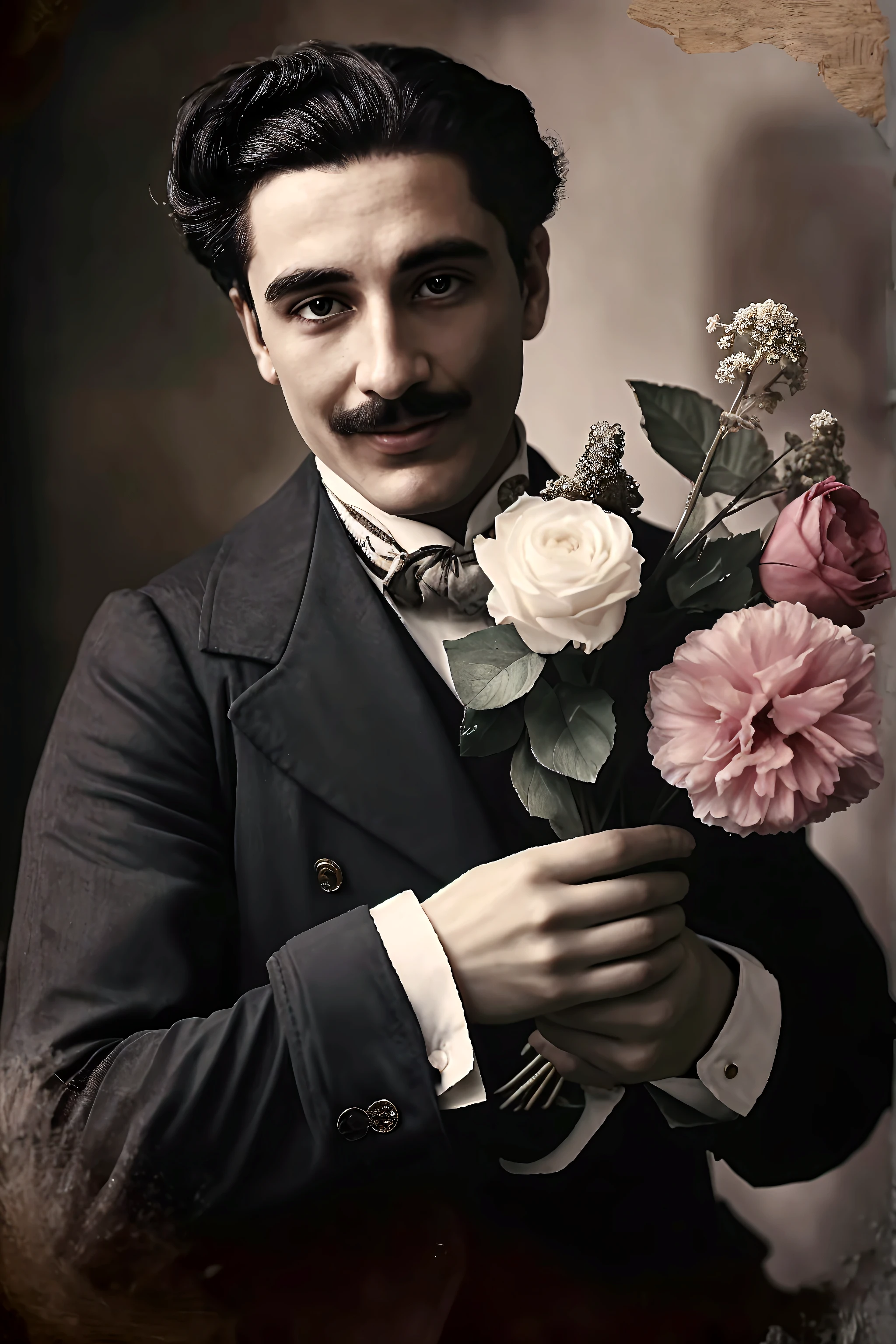 Arafed man in a suit holding a bouquet of flowers - SeaArt AI