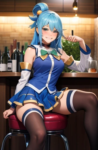 masterpiece, best quality, highres, absurdres, ultra detailed, pretty eyes,
 aaaqua, long hair, blue hair, hair rings, hair ornament,choker, bare shoulders, green bow, blue shirt, detached sleeves, blue skirt, thighhighs, drunk, intoxicated, blushing, hazy, grinning
sitting_on_stall, bar, glass_red_wine (fazendo sexo)
 