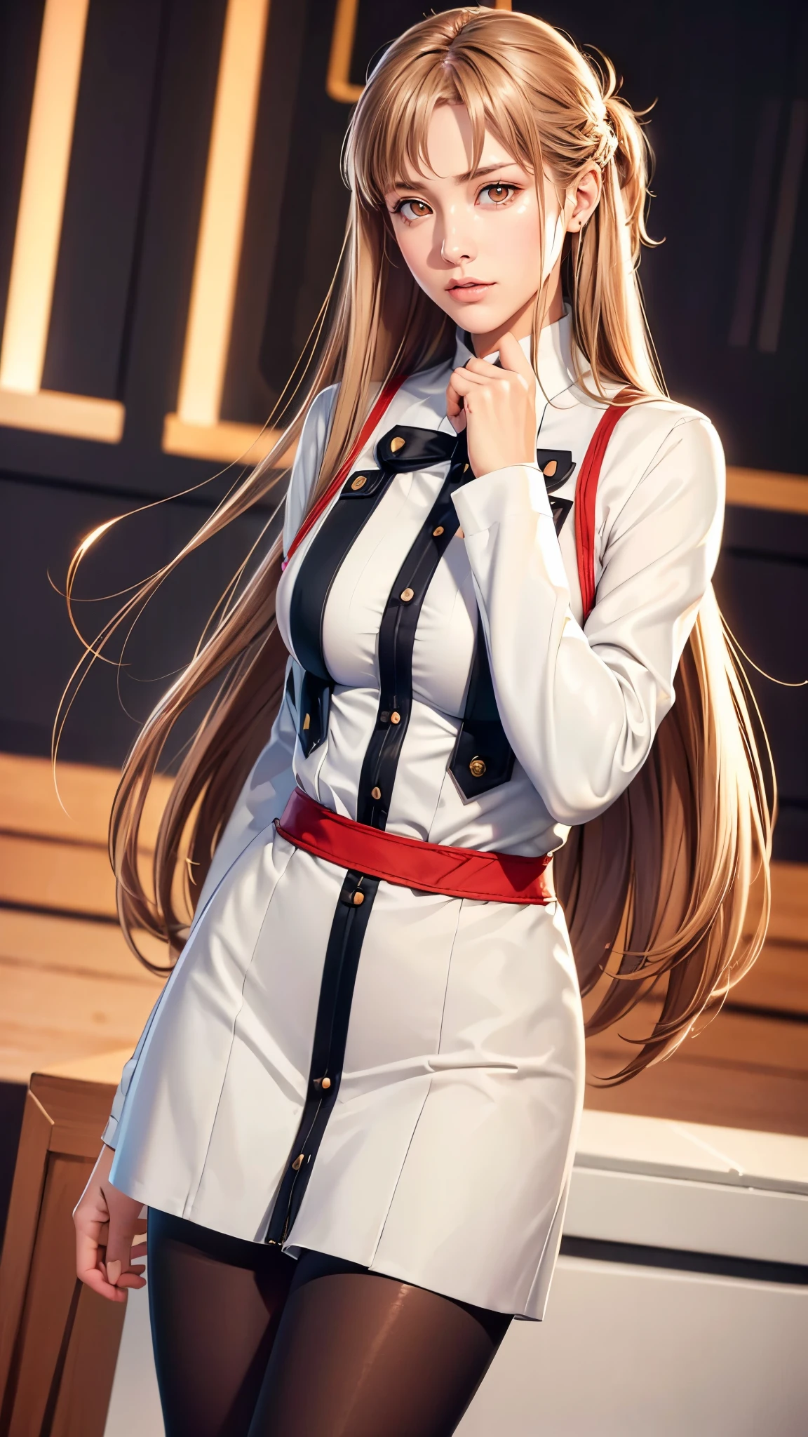 (((Perfect body,White and tender skin,(((uniform, jacket, long sleeves, belt, pantyhose))),(((ccasuna, long hair, brown hair, brown eyes, ))),((masterpiece)),highres,((Best quality at best)),masterpiece,quality,Best quality,((( Exquisite facial features,Looking at the audience,There is light in the eyes, ))),Huge breasts,)))