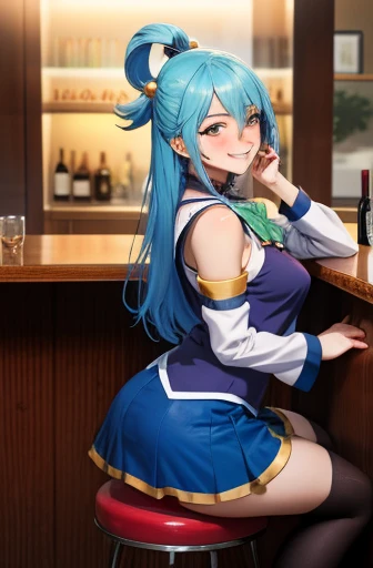 masterpiece, best quality, highres, absurdres, ultra detailed, pretty eyes,
 aaaqua, long hair, blue hair, hair rings, hair ornament,choker, bare shoulders, green bow, blue shirt, detached sleeves, blue skirt, thighhighs, drunk, intoxicated, blushing, hazy, grinning
sitting_on_stall, bar, glass_red_wine (fazendo sexo)
 