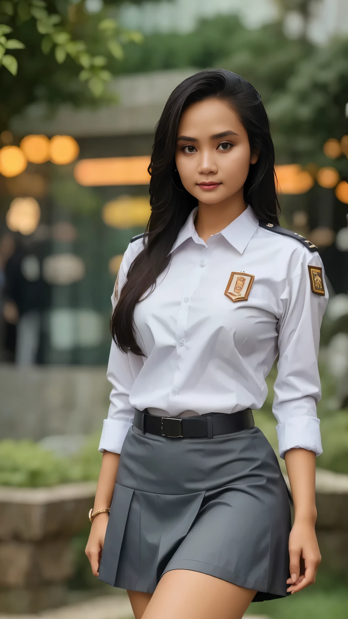 ((best quality)), ((masterpiece:1.2)), (detailed), ((Photorealistic:1.37)), 8K, high resolution, symmetrical. 
A realistic portrayal of a stunningly beautiful young woman with striking eyes that reflect strength and wisdom, adorned with a subtle yet confident, seductive expression on her face. 
(uniform), wearing SMA uniform, highshcool indonesia uniform. White collared shirt, short gray pleated skirt. 
(Overhead view:1.35), (zoom out: 1.1). standing, looking at the audience. 
She is positioned centrally, perfectly symmetrical within the frame, ensuring the viewer's attention is drawn directly to her. The camera angle is eye-level, capturing her full figure while maintaining balance and harmony in the composition. The lighting is soft but focused, creating gentle highlights that emphasize the details of her face, hair, and outfit.
outdoors, night view, detailed Metropolitan city at the background. The background is slightly blurred (bokeh effect) to make her the main focus, while subtle shadows around her form give a strong sense of dimension, enhancing the overall realism of the image

