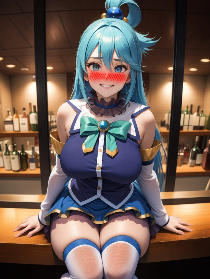 masterpiece, best quality, highres, absurdres, ultra detailed, pretty eyes,
 aaaqua, long hair, blue hair, hair rings, hair ornament,choker, bare shoulders, green bow, blue shirt, detached sleeves, blue skirt, thighhighs, drunk, intoxicated, blushing, hazy, grinning
sitting_on_stall, bar, glass_red_wine (fazendo sexo)
 