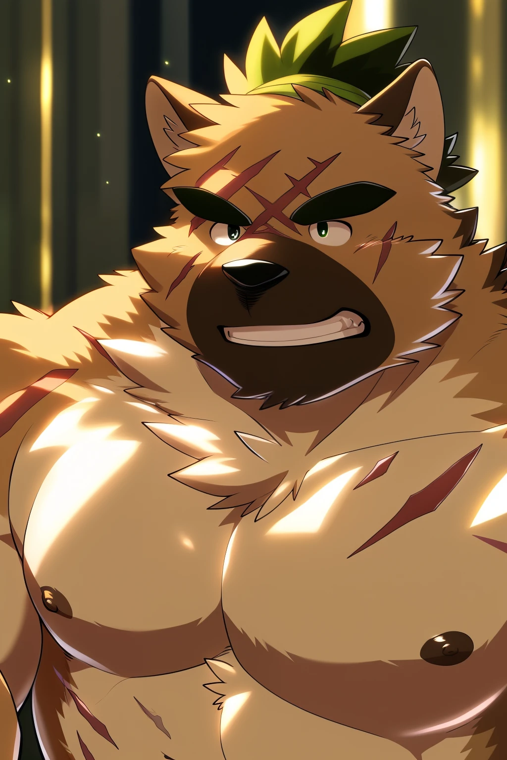 author: Takemoto Arashi, (1 boy), One, Yasuyori, scars, Men, second test,  Beautiful, sexual, Attractive guy, (detailed green глаза), brows, teeth, (masterpiece, High resolution, high quality), 4K, portrait, Beautiful shadow, focus on pectoral muscles, nipples, underwear, 