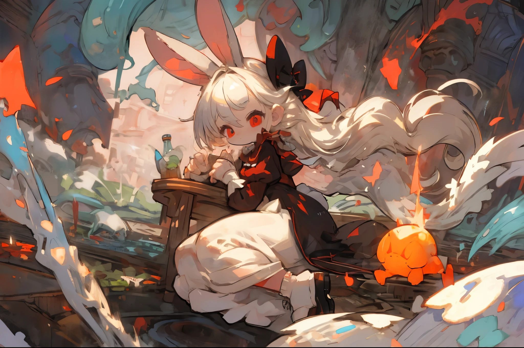 (2.5D),oil painting,solo,1 girl\(2.5D,Chibi,cute,kawaii,small kid,white hair:1.4,long,hair,rabbit ear,white long dress with frill,red eyes,big eyes,skin color white,big black hairbow,thinking about somthing\),background\(inside,gothic room,simple,colorful cocktail on the table\),(2.5D)