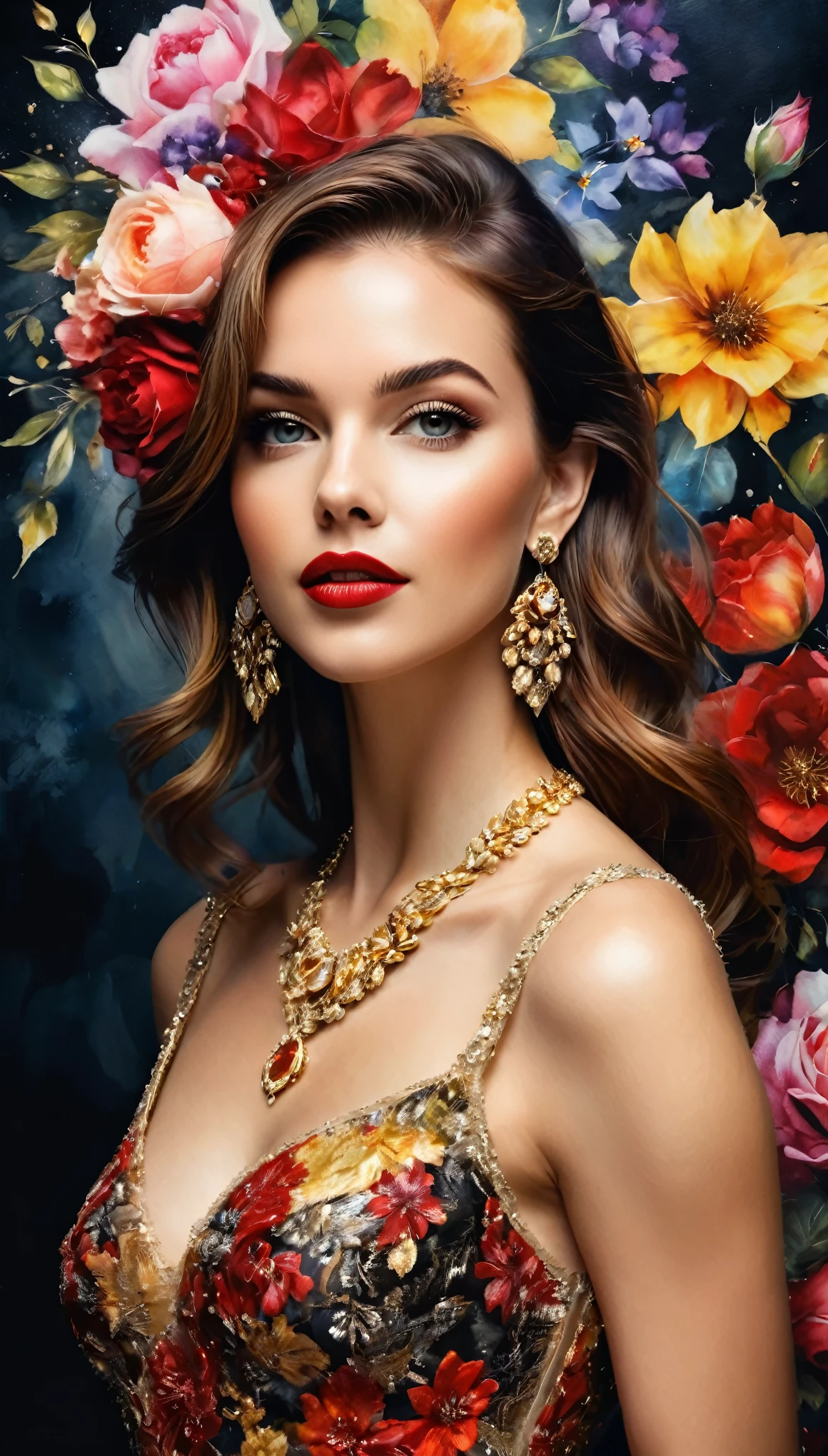 Watercolor based paint, (((knee up photo))) a masterpiece in dynamic poses, beautiful realistic woman, detailed face, crystal clear amber eyes, red lipstick, flowing brown hair, delicate earrings and necklace, floral dress of shiny red and black satin, exposed shoulders, dark background, a spotlight for the background, stunning image, background in yellow, red hues, watercolor bokeh effect, UHD.