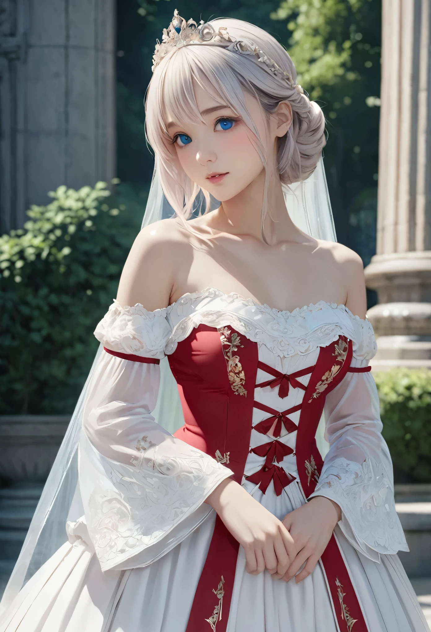 (The best,4K,【8k,High resolution,masterpiece:1.2), Super detailed, (actual,photoactual,photo-actual:1.37),((Highly detailed CG Unity 【8k wallpaper)), masterpiece, Super detailed, Floating, High resolution sexual suggestion, (small, extremely long white hair, Princess, [white magician, blue eyes, (it has a long, Wide sleeves and intricate embroidery. Gorgeous white and red tiered maxi dress，Transparent appearance), bridal veil, a roundabout, Bridal Gloves, blush, Slightly shy, Bow back, frilly petticoat, glamorous corset,